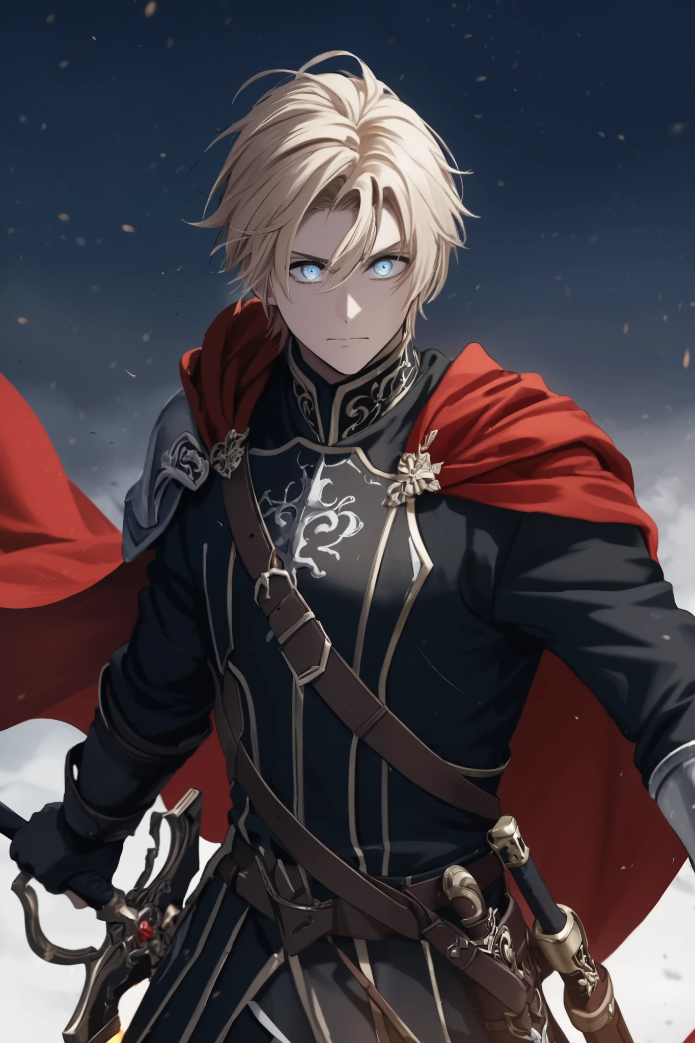 Handsome blond blue-eyed noble swordsman with a gun sword. Wearing black noble clothes with a red cape.