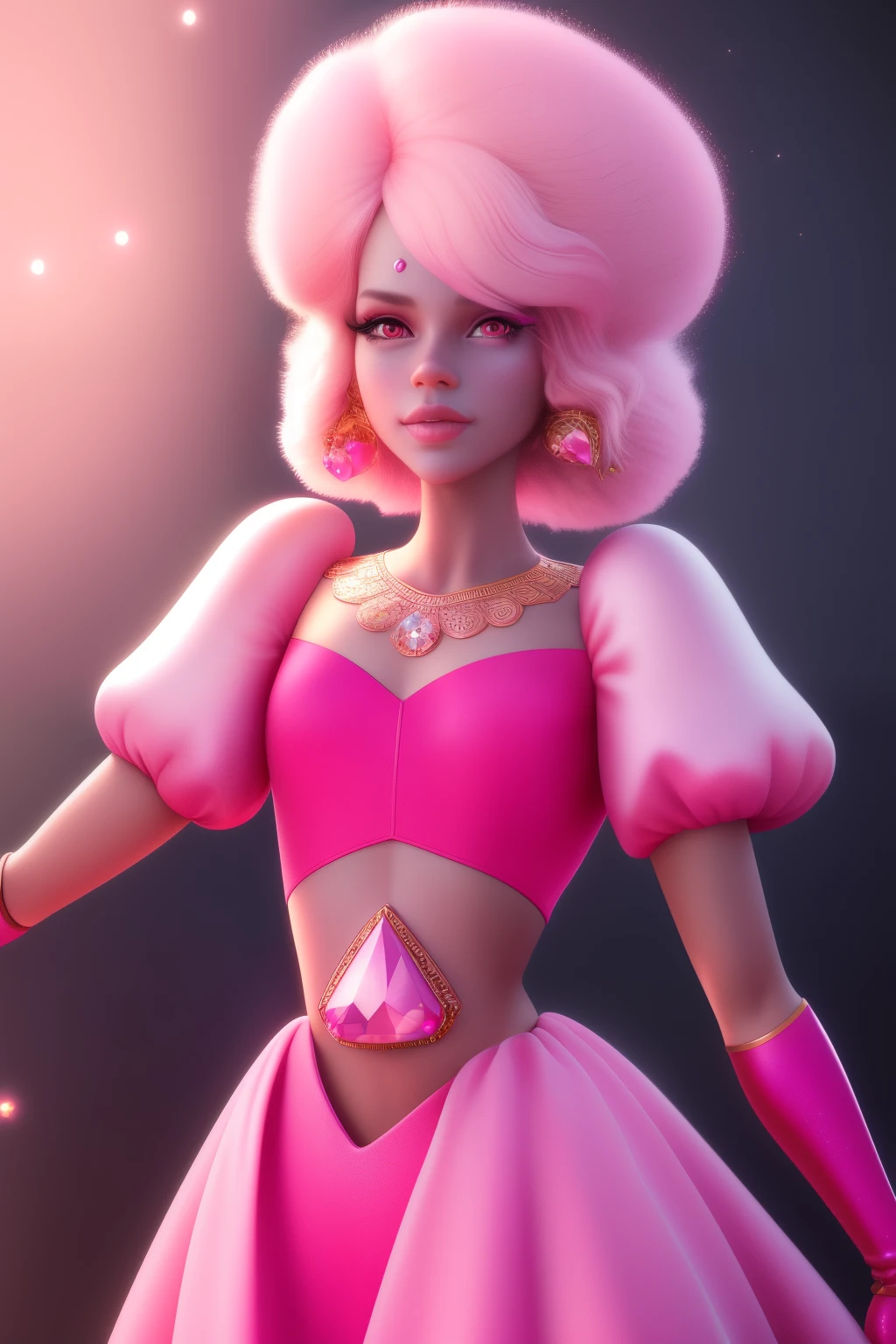 pnkdamond, pink hair, pink eyes,  long hair,  stomach gem,  pink skin,  toned, 
puffy short sleeves, elbow gloves ,  white thighs,   Puffy dress, 
standing, Upper part of the body, 
 outer space,  
(incredibly detailed, beautiful detailed face,Beautiful detailed eyes, Masterpiece, Best Quality) cinematic lighting,  SMILE, 
 