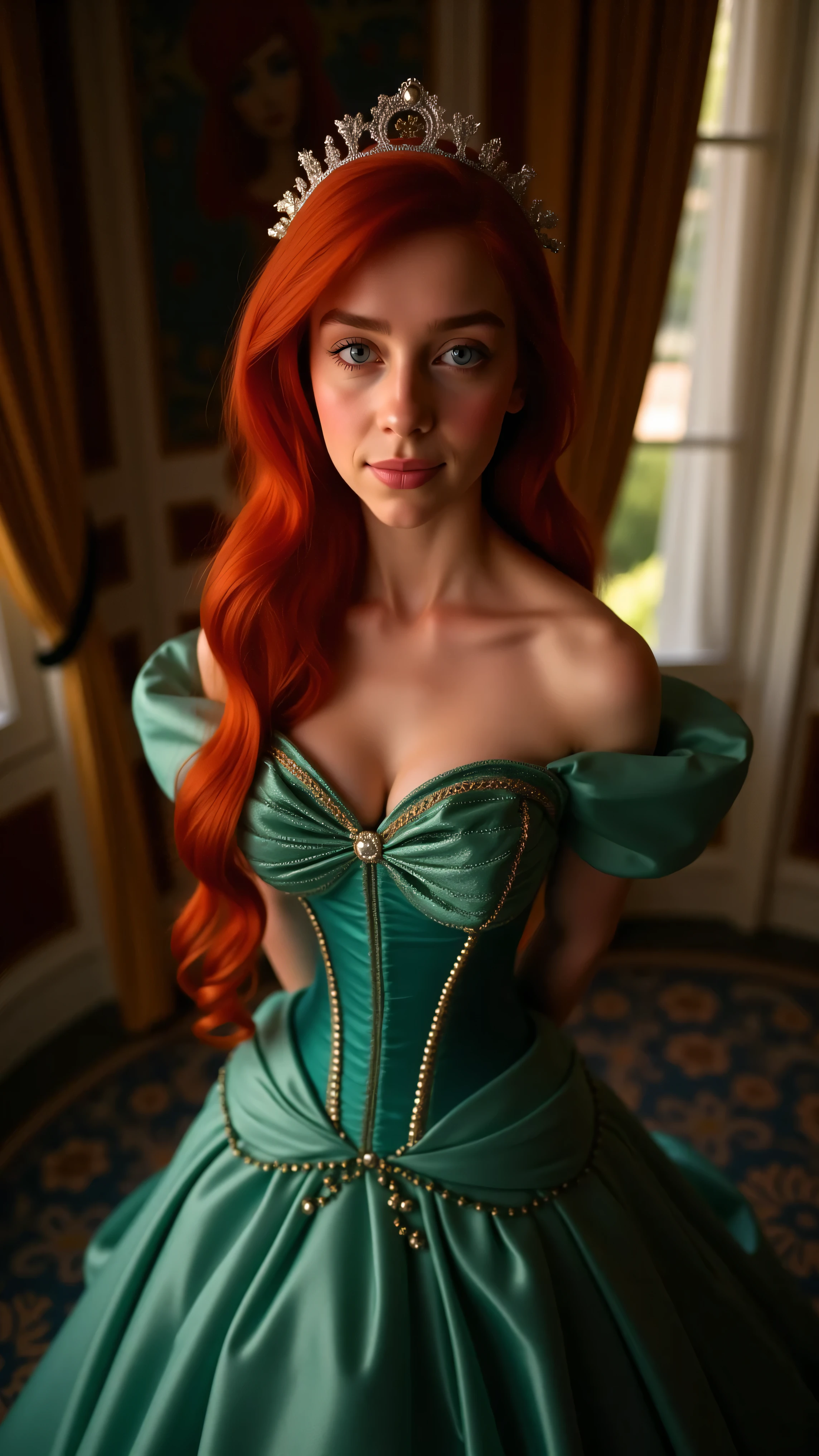 Very Close-up high angle portrait  with a fish eye lens of a busty figure, a young ****  in a ariel costume, ornate ball gown, ((18 years old with tiny breasts; Disney princess Ariel costume; glued to the body; beautiful and elegant; tiny breasts; red hair swept to the side))) and piercing gaze, standing in a dimly lit palace room with ornate designs and a high ceiling, with just a hint of early morning sunlight peeking through the windows. She stands firm, hands clasped behind her back, as she gives a slight  smile. The lighting in the room is dim with a lot focus on her tiny breasts