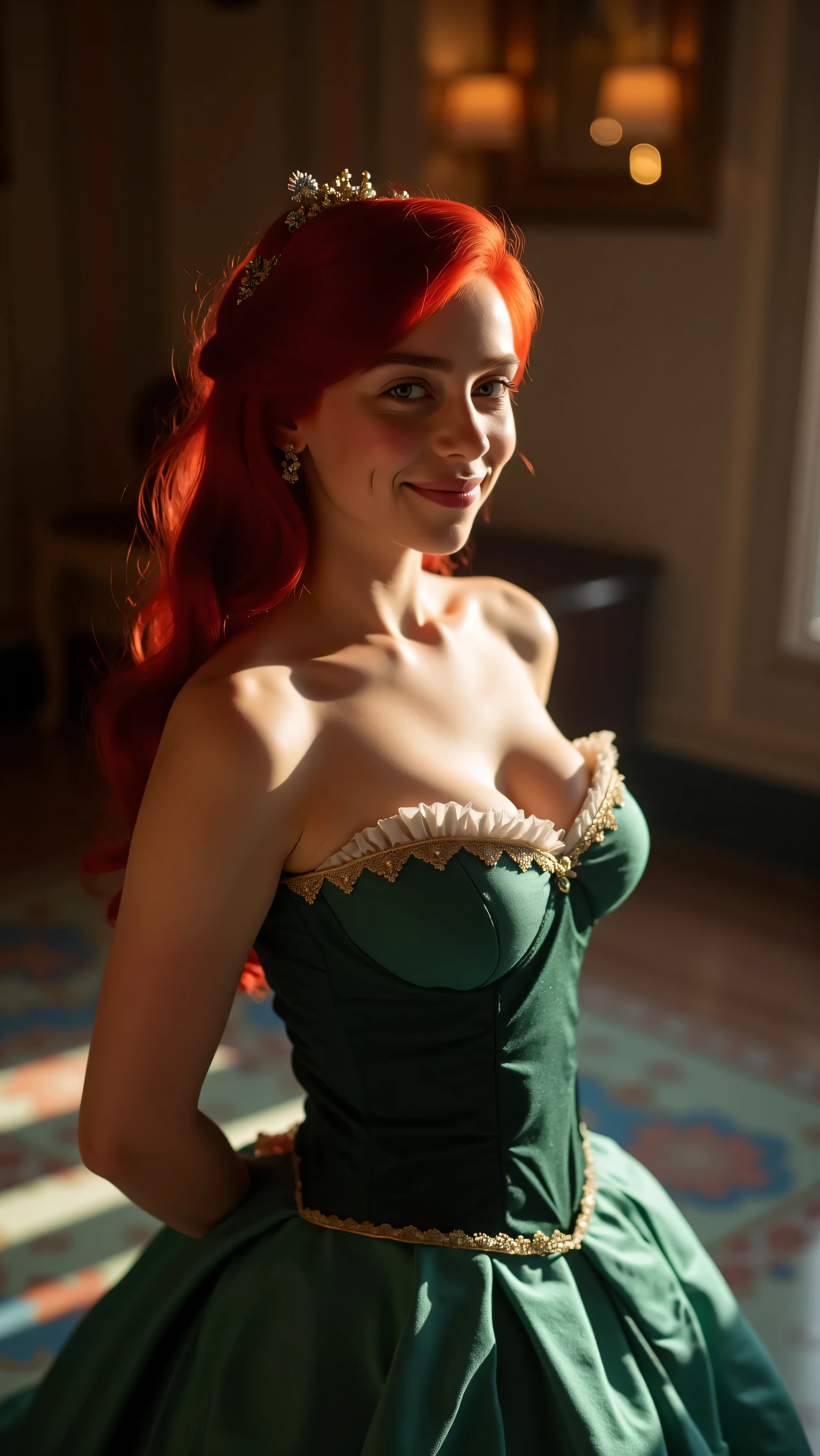 Very Close-up high angle portrait  with a fish eye lens of a busty figure, a young   in a ariel costume, ornate ball gown, ((18 years old with tiny breasts; Disney princess Ariel costume; glued to the body; beautiful and elegant; tiny breasts; red hair swept to the side))) and piercing gaze, standing in a dimly lit palace room with ornate designs and a high ceiling, with just a hint of early morning sunlight peeking through the windows. She stands firm, hands clasped behind her back, as she gives a slight  smile. The lighting in the room is dim with a lot focus on her tiny breasts