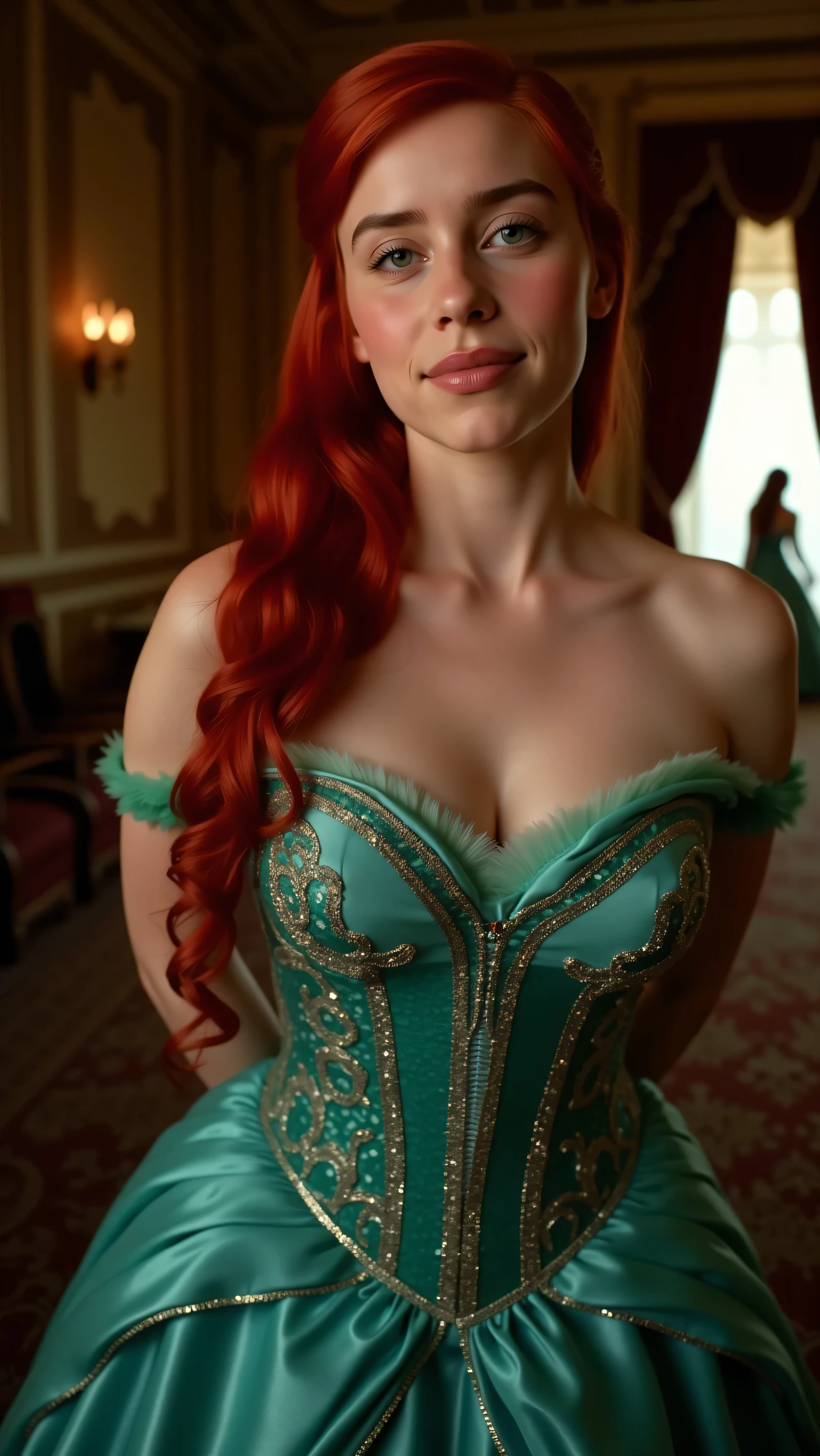 Very Close-up high angle portrait  with a fish eye lens of a busty figure, a young teen  in a ariel costume, ornate ball gown, ((18 years old with tiny breasts; Disney princess Ariel costume; glued to the body; beautiful and elegant; tiny breasts; red hair swept to the side))) and piercing gaze, standing in a dimly lit palace room with ornate designs and a high ceiling, with just a hint of early morning sunlight peeking through the windows. She stands firm, hands clasped behind her back, as she gives a slight  smile. The lighting in the room is dim with a lot focus on her tiny breasts