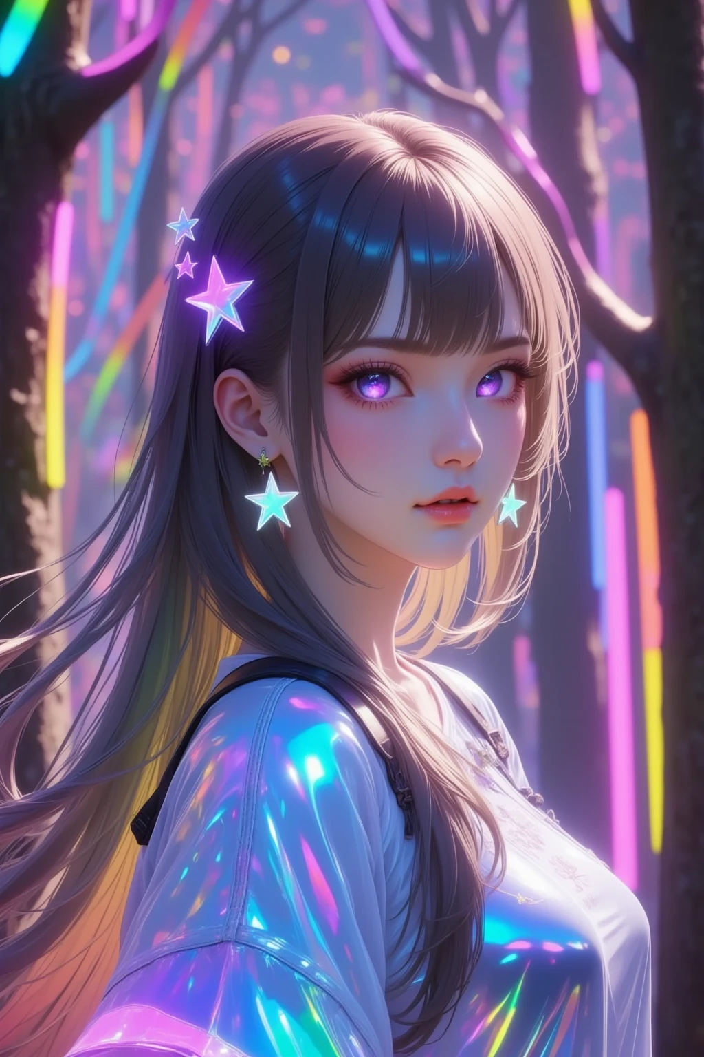 There is a young girl in the magical forest with magic lights floating in the air, she is looking around in wonder, she has brown hair and blue eyes, realistic, ultra detailed, 1.8f, 135mm, epic lighting, photography