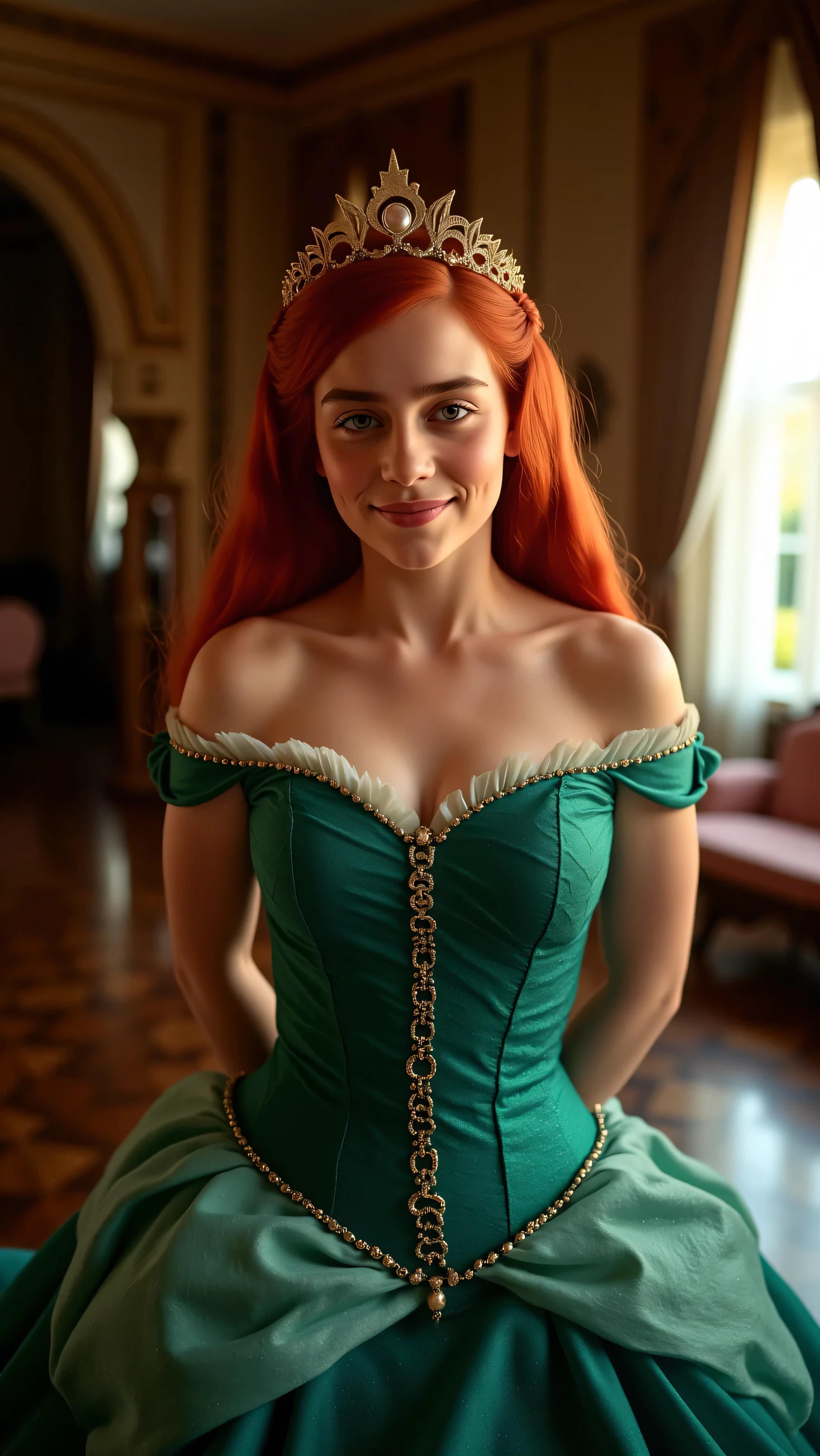 Very Close-up high angle portrait  with a fish eye lens of a busty figure, a young ****  in a ariel costume, ornate ball gown, ((18 years old with tiny breasts; Disney princess Ariel costume; glued to the body; beautiful and elegant; tiny breasts; red hair swept to the side))) and piercing gaze, standing in a dimly lit palace room with ornate designs and a high ceiling, with just a hint of early morning sunlight peeking through the windows. She stands firm, hands clasped behind her back, as she gives a slight  smile. The lighting in the room is dim with a lot focus on her tiny breasts