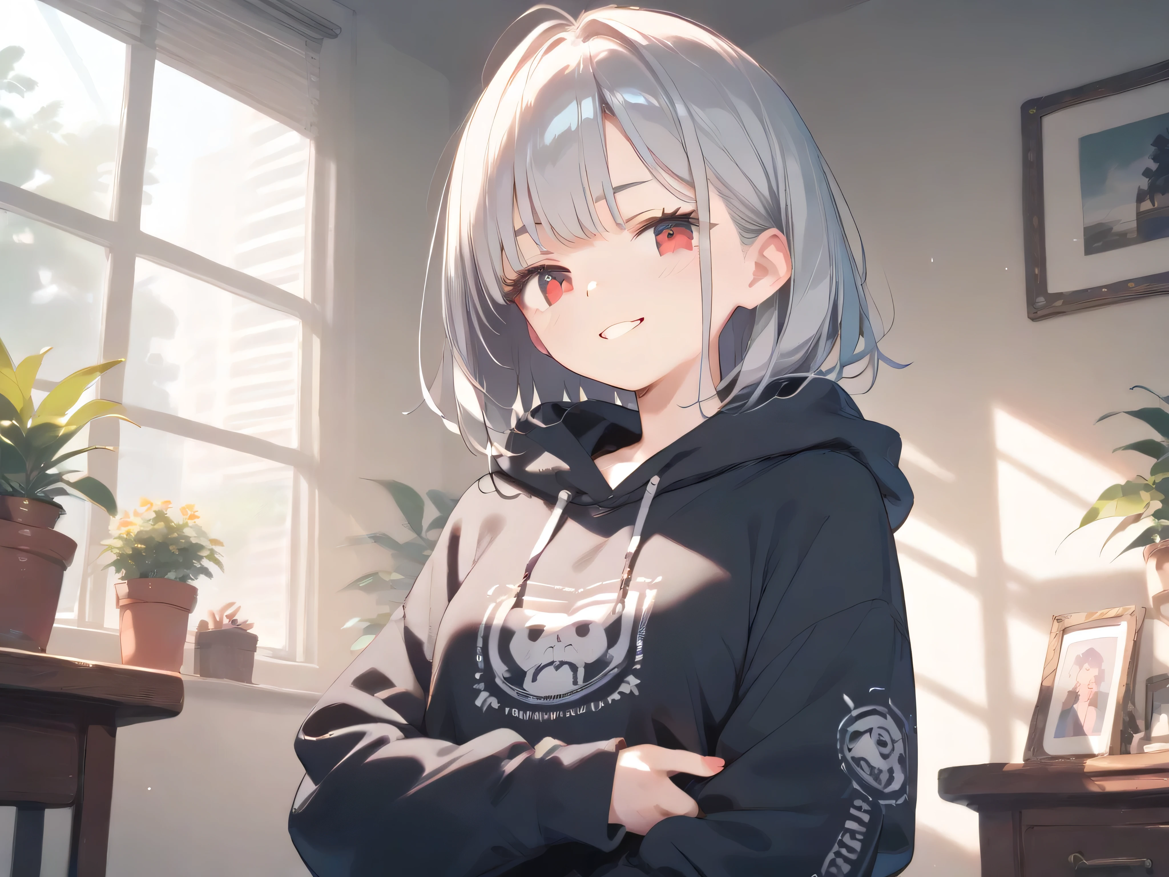 
 a gray-haired, red-eyed girl wearing a black hoodie is crossing her arms and smiling fearlessly　A girl with small breasts and short stature 　 anime picture for TRPG