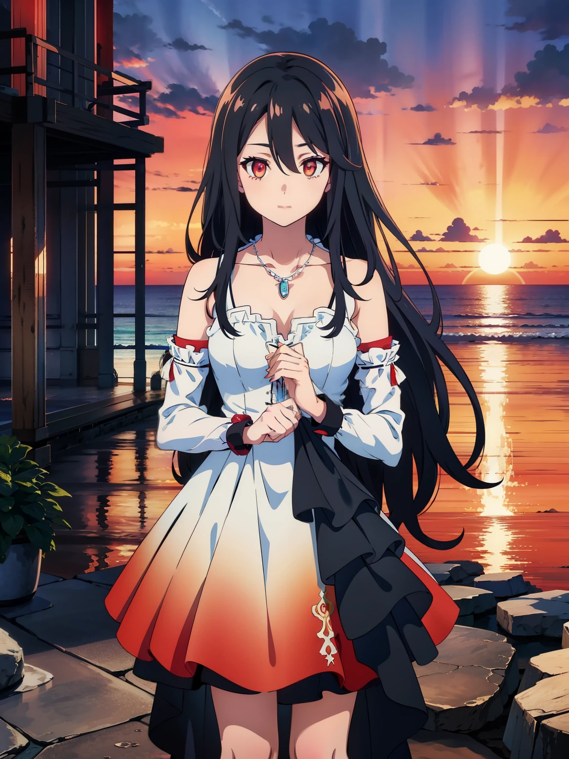 (high-quality, breathtaking),(expressive eyes, perfect face) 1girl, female, solo, ager, black color hair, red highlight in hair, red eye color, short hair length, fluffy spiky hair, Symmetrical Eyes, portrait, positive expression, sunset, red sky, narrow eyes, fingerless glove, dress, necklace, stylized hairstyle, YunaSongstress, lace, detached sleeves, ocean background, embers, gradient tips of dress, slender frame