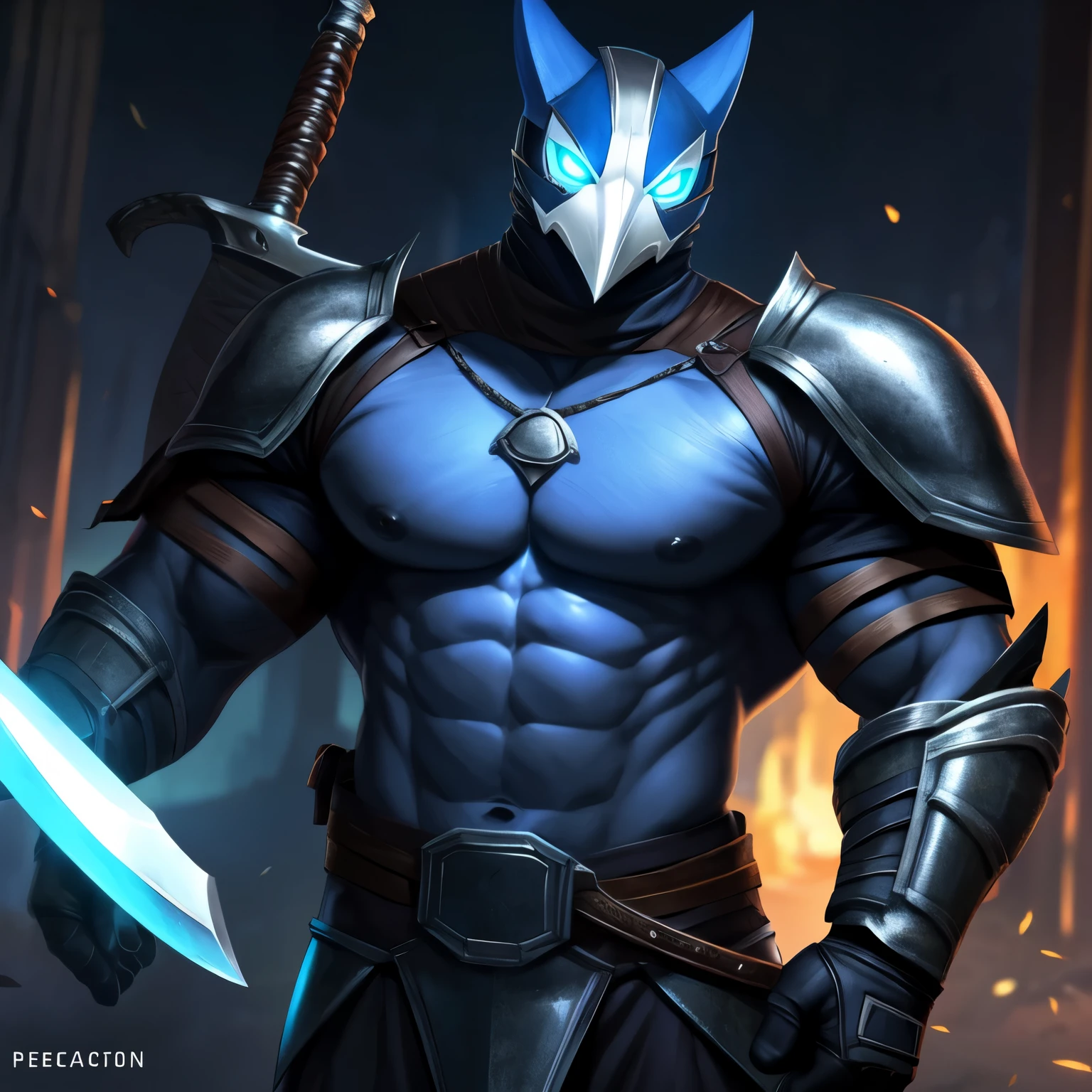 cutesexyrobutts style, 1boy, male_focus, mask, weapon, solo, blue_eyes, holding, glowing, bird, looking_at_viewer, abs, holding_weapon, muscular_male, gloves, muscular, pectorals, glowing_eyes, mouth_mask, knife, armor