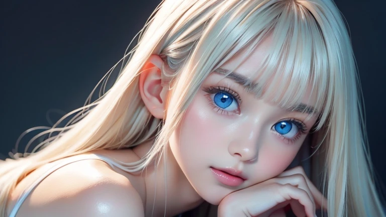 Completely naked、White background,Upper body close-up、 Glossy, firm and shiny skin, Bangs between the eyes, Beautiful luster, Straight platinum blonde hair, ponytail, eyeliner, A very beautiful and innocent 15-year-old girl, High resolution big beautiful light blue eyes, Beautiful and lovely girl, ((beautiful girl、Ultra-high resolution、The lighting is bright、Precise needles without discomfort))、Small Face Beauty、Very white and beautiful young々Fresh skin、Round face、Nipples、White background、
