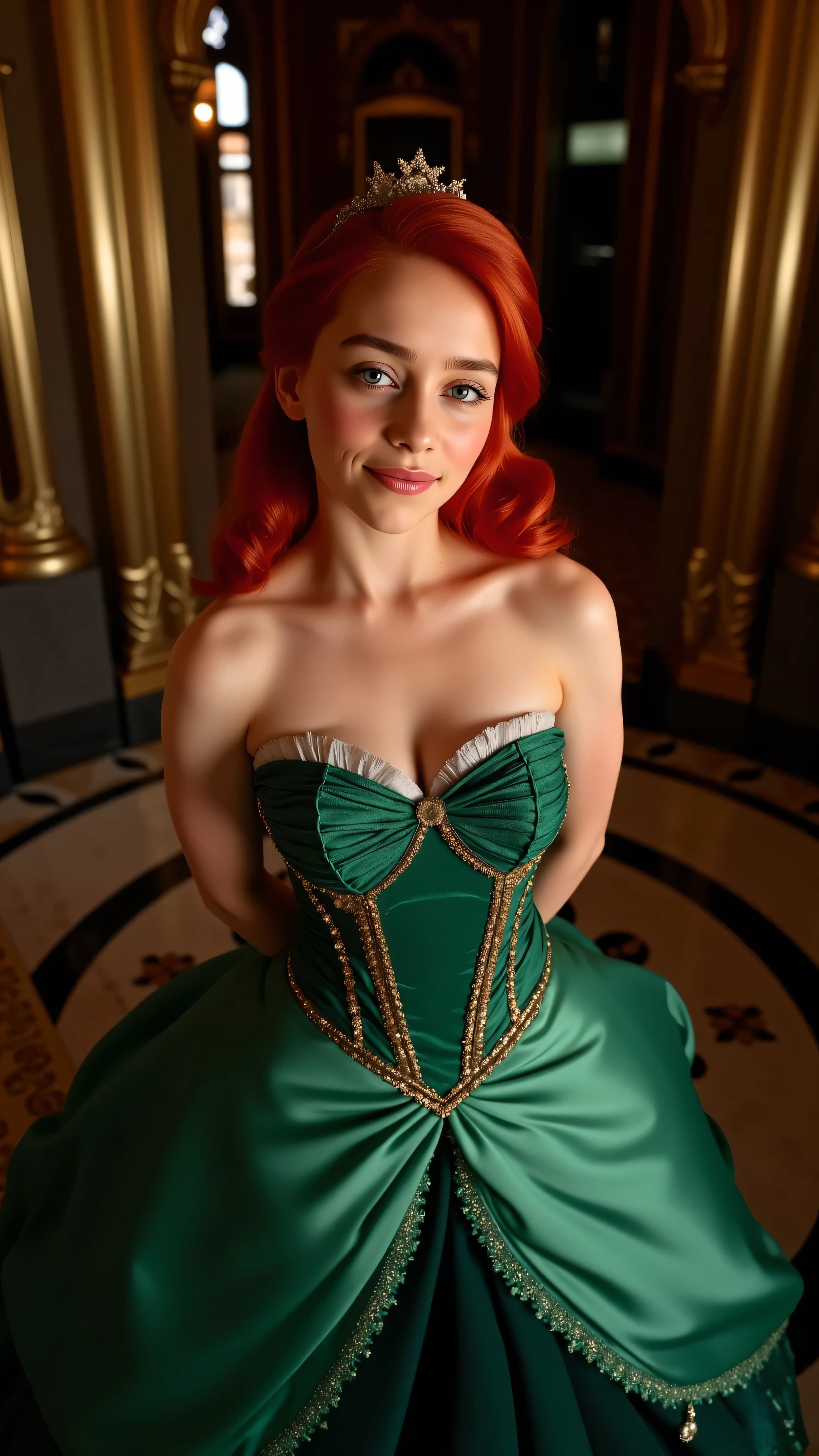 Very Close-up high angle portrait  with a fish eye lens of a busty figure, a young   in a ariel costume, ornate ball gown, ((18 years old with tiny breasts; Disney princess Ariel costume; glued to the body; beautiful and elegant; tiny breasts; red hair swept to the side))) and piercing gaze, standing in a dimly lit palace room with ornate designs and a high ceiling, with just a hint of early morning sunlight peeking through the windows. She stands firm, hands clasped behind her back, as she gives a slight  smile. The lighting in the room is dim with a lot focus on her tiny breasts