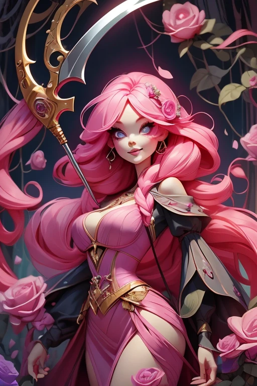 Perfect face. Perfect hands. A pink haired woman with violet eyes and an hourglass figure in a sexy dress is smiling while spinning her scythe in the creepy forest