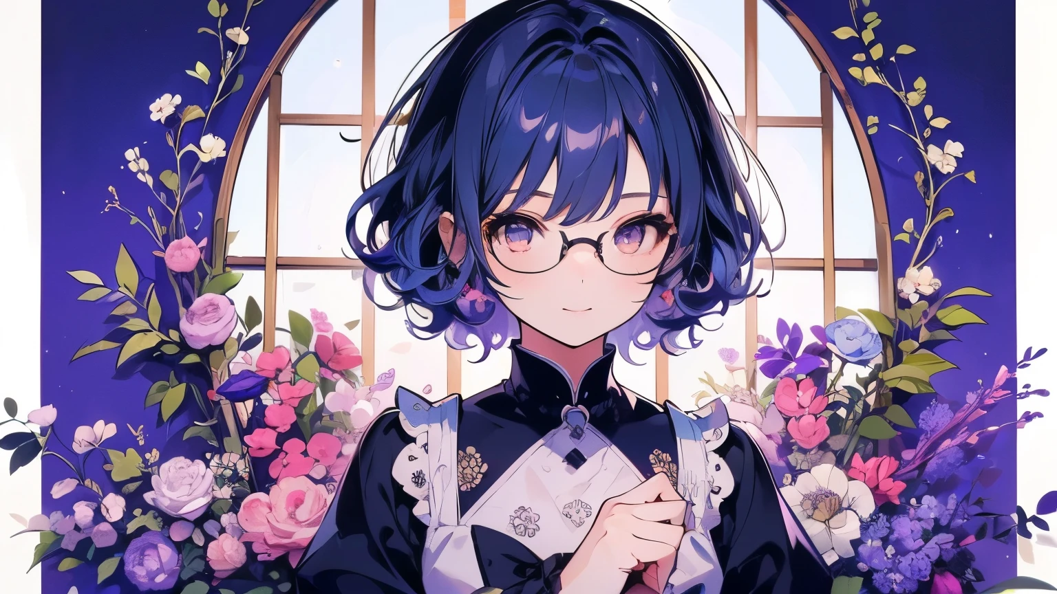 (( top quality )), ((Masterpiece)), ( Details), wallpaper、 Very Details、((( Very Detailsな目と顔)))、Masterpiece、 top quality 、 open your mouth and laugh 、 squint、 To Details、 Movement angle 、、smile、whole body、 Glasses、Face the audience 。、 short hair、Blue Hair Color、 Curly hair、Delicate fingertips、 black turtleneck surrounded by a window sill , stand straight and face the front with curly hair and elbows 、 Long Sleeve , bright color , white and purple background