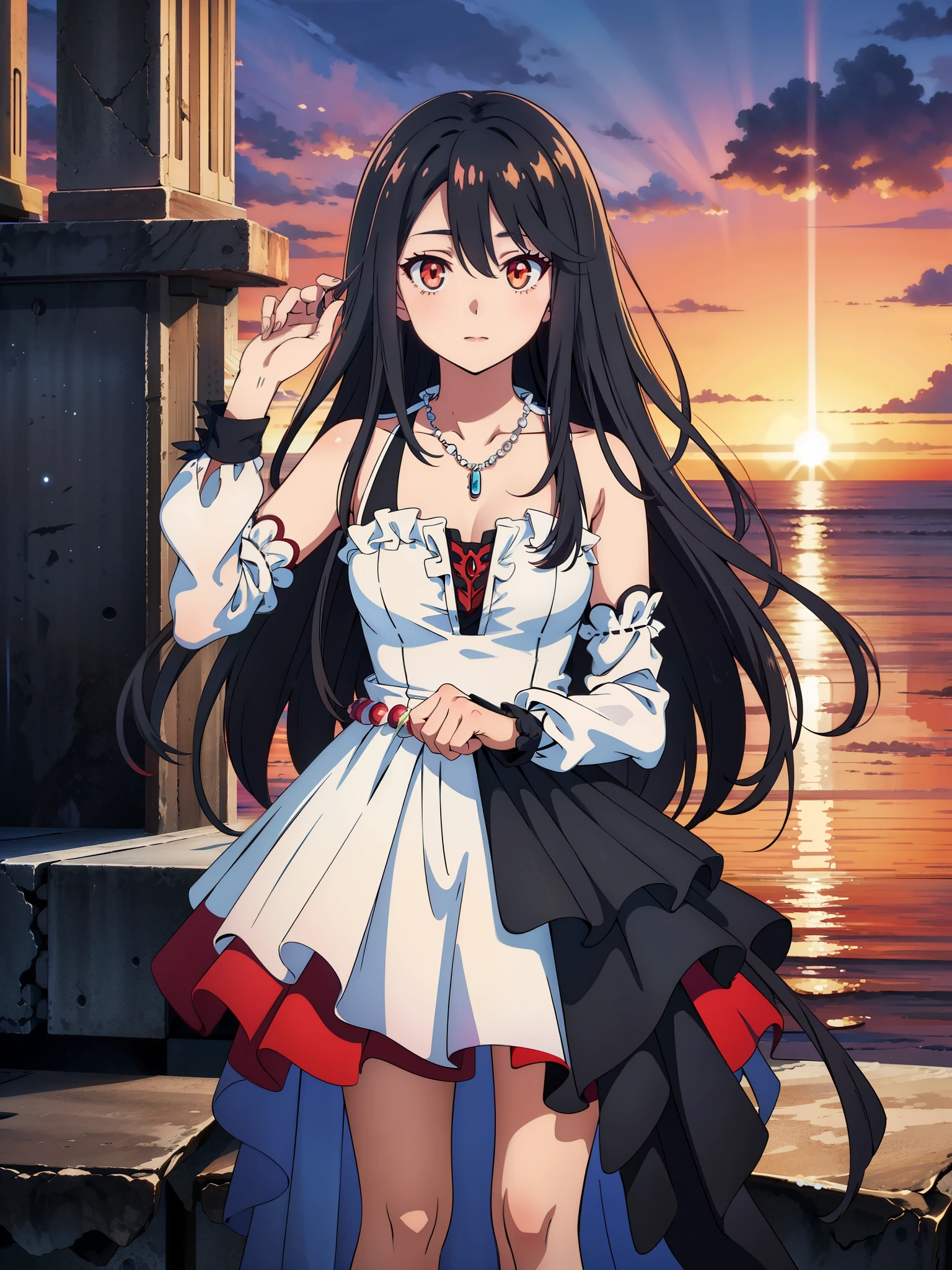 (high-quality, breathtaking),(expressive eyes, perfect face) 1girl, female, solo, ager, black color hair, red highlight in hair, red eye color, short hair length, fluffy spiky hair, Symmetrical Eyes, portrait, positive expression, sunset, red sky, narrow eyes, fingerless glove, dress, necklace, stylized hairstyle, YunaSongstress, lace, detached sleeves, ocean background, embers, gradient tips of dress, slender frame