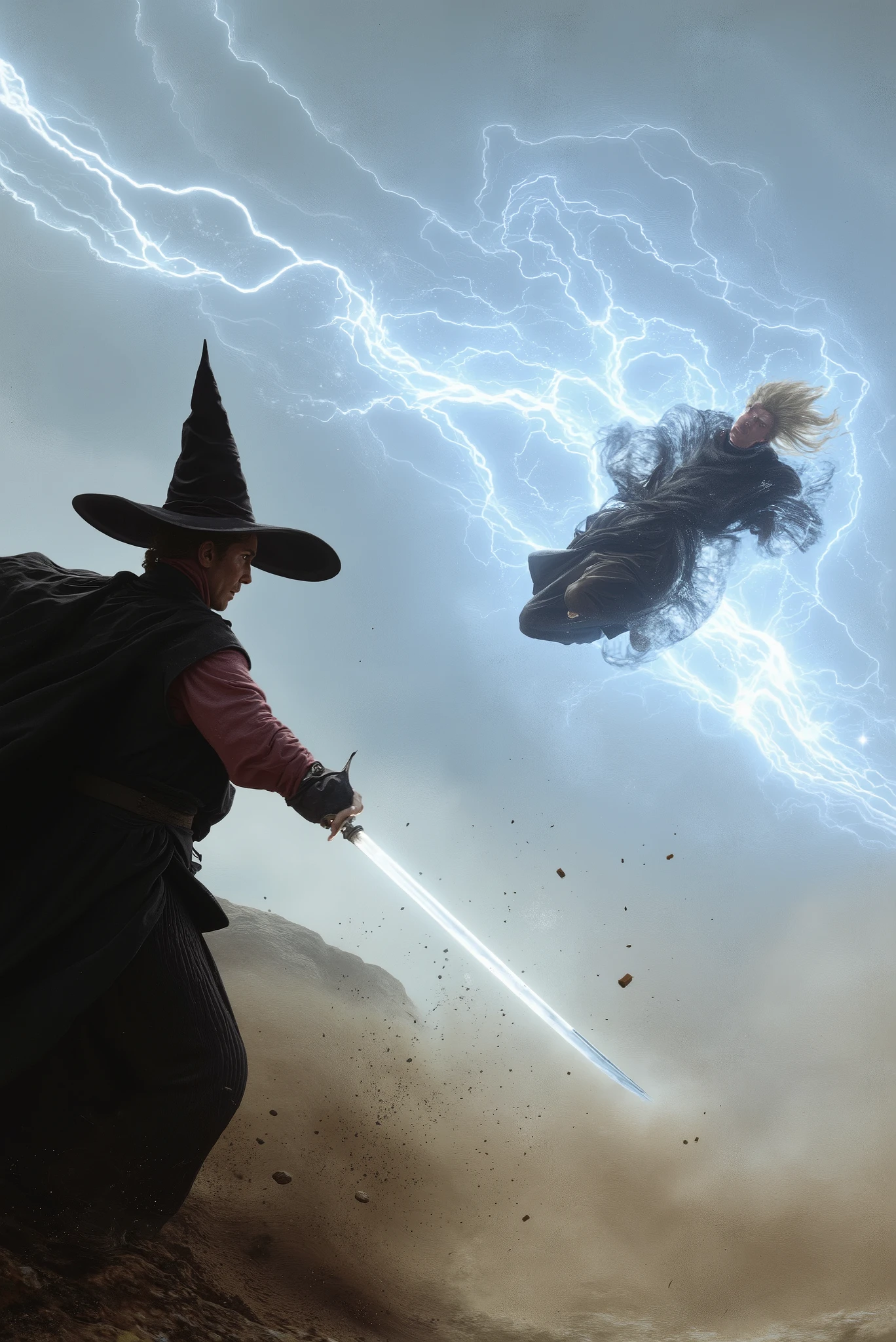 An intense and electrifying duel unfolds under a vast, pale blue sky, as two combatants face off in a dramatic clash of skill and power. The scene captures the pinnacle of their battle, frozen in time with impeccable composition and energy radiating from every detail.
The character on the ground, poised and focused, wears plain black wizard robes that billow with the force of his strike. The robes' dark fabric is simple yet imposing, flowing naturally with his movements and adding to his aura of strength and precision. A plain black pointy wizard hat sits firmly on his head, its edges slightly curved as if shaped by the intensity of the wind and magic surrounding them. Beneath the robes, an old rose-pink turtleneck peeks out, offering a subtle contrast that adds depth to his mysterious appearance. His piercing gaze locks onto his airborne opponent, his blade glowing with an arc of raw magical energy, slicing through the air in a dramatic sweep.
The second figure, mid-air in an acrobatic flip, exudes grace and determination. Their robes, identical in color and style, catch the wind, creating a dynamic silhouette against the bright sky. Their pointy wizard hat flutters slightly, mirroring the energy of their movements. Hair flows like a cascading stream, caught in the swirling motion as they prepare to counter the devastating strike below.
The dramatic effect is amplified by the ethereal streaks of magic coursing through the scene. Shards of light and debris scatter, suspended in mid-air, as the clash generates shockwaves visible in the rippling atmosphere. The ground beneath the standing combatant cracks and distorts from the immense force, further emphasizing the power at play. Shadows and highlights are expertly crafted, adding texture and depth to every element, from the folds of their robes to the glint of their weapons.
The background remains subdued yet complements the intensity of the duel. Dust and mist swirl around the combatants, creating a hazy barrier