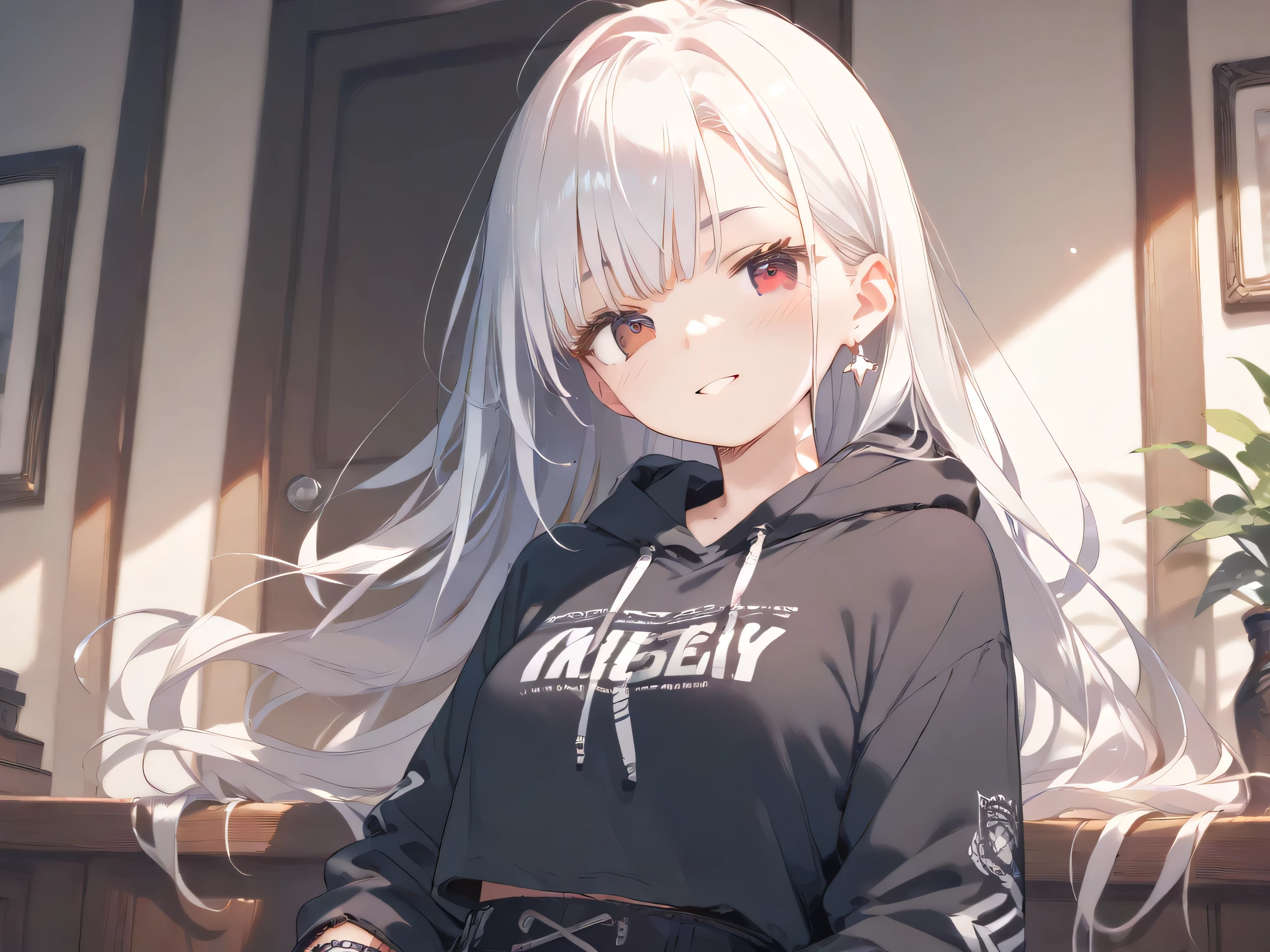 Wore a black hoodie White long hair that reaches the waist A girl with red eyes is crossing her arms and smiling fearlessly A girl with small breasts and short stature anime picture for TRPG