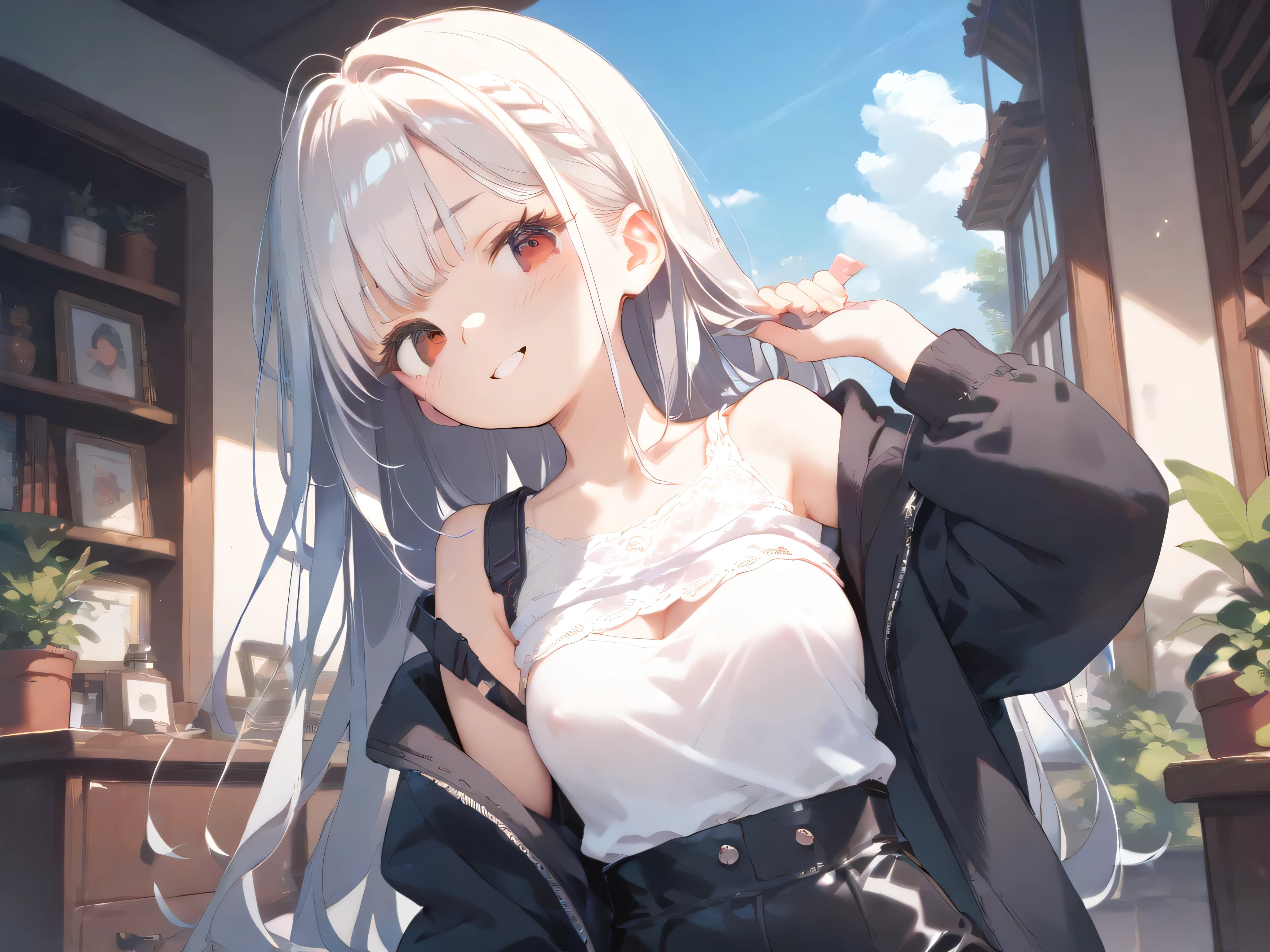 
Wore a black hoodie　White long hair that reaches the waist 　 A girl with red eyes is crossing her arms and smiling fearlessly　A girl with small breasts and short stature 　 anime picture for TRPG