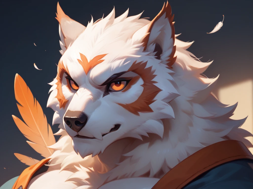 Strong male wolf short or cut white fur without muscles orange eyes owl feathers on arms 