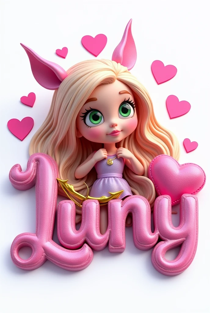 Thinkerbell Valentine's Day in Barbie style 3D so real full body laying down in 3d name art with "Luny" stylish font, the color fonts is green neon and violet the all borders of the letters only in the words "Luny"color golden all in 3D she got bow and arrow in green neon and violet and background color white. magical and incredible fairytale quality 20 k-pixar style 3D.