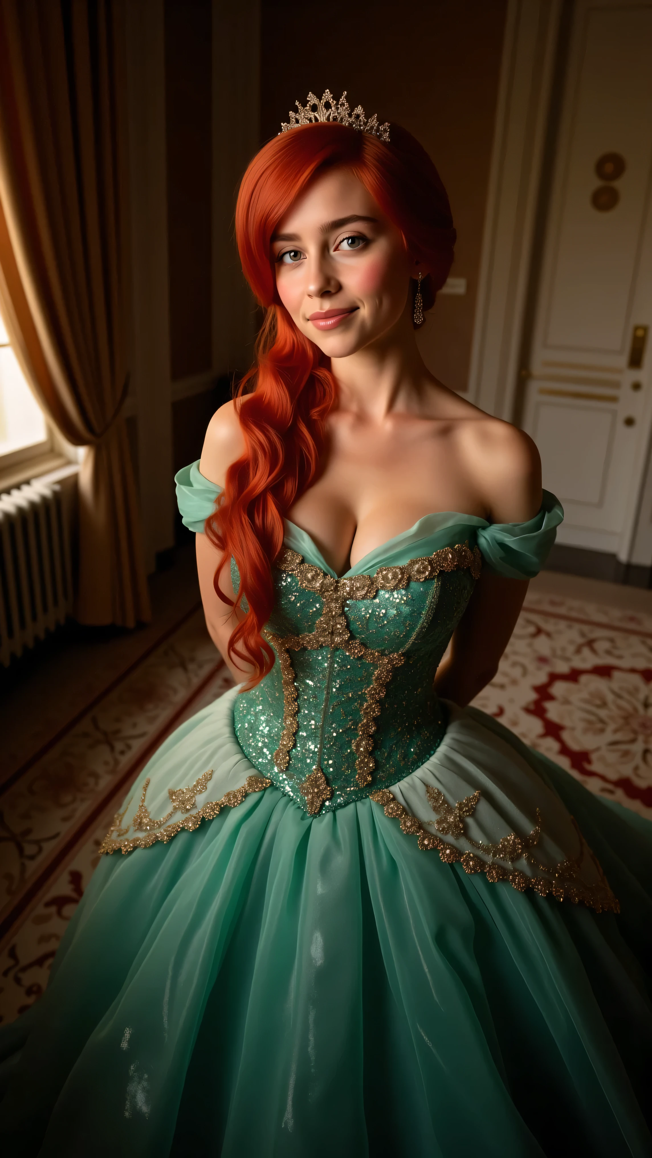 Very Close-up high angle portrait with a fish eye lens of a busty figure, a young in a ariel costume, ornate ball gown, ((18 years old with tiny breasts; Disney princess Ariel costume; glued to the body; beautiful and elegant; tiny breasts; red hair swept to the side))) and piercing gaze, standing in a dimly lit palace room with ornate designs and a high ceiling, with just a hint of early morning sunlight peeking through the windows. She stands firm, hands clasped behind her back, as she gives a slight smile. The lighting in the room is dim with a lot focus on her tiny breasts