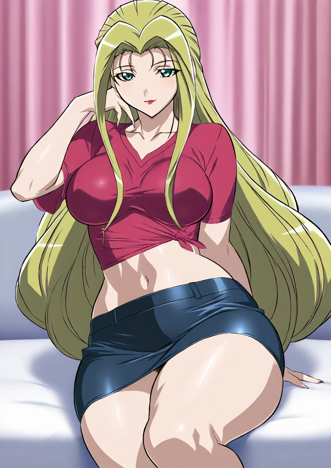 high resolution, masterpiece, necessary, detail, best quality, quality, necessary, tall details, High details, precise,
 
1girl, solo, vandread, vandread anime, seductive look,

Jura, jura (vandread), green eyes, blonde hair, long hair, very long hair, red lips, pink t-shirt, midriff, thighs, miniskirt,



