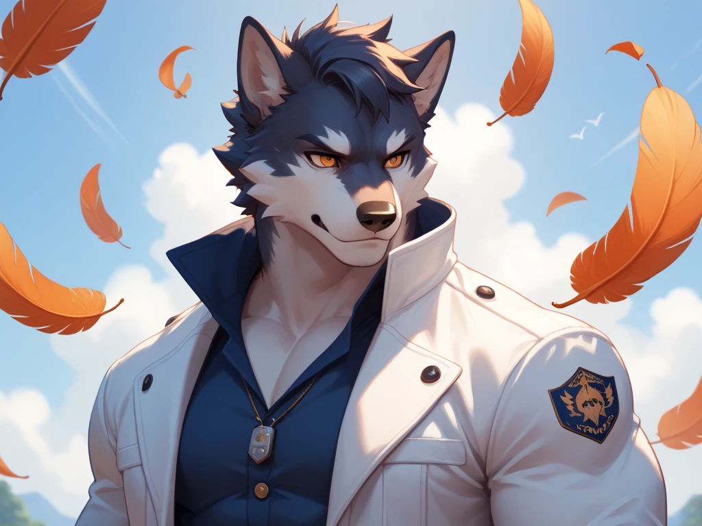 Furry wolf man short or cut white coat without muscles orange eyes feathers on arms blue school clothes 