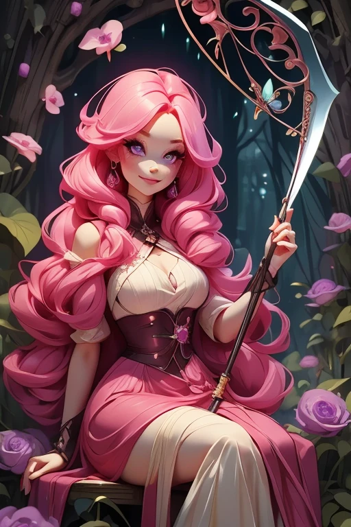 Perfect face. Perfect hands. A pink haired woman with violet eyes and an hourglass figure in a sexy dress is smiling while sitting with her scythe in the creepy forest