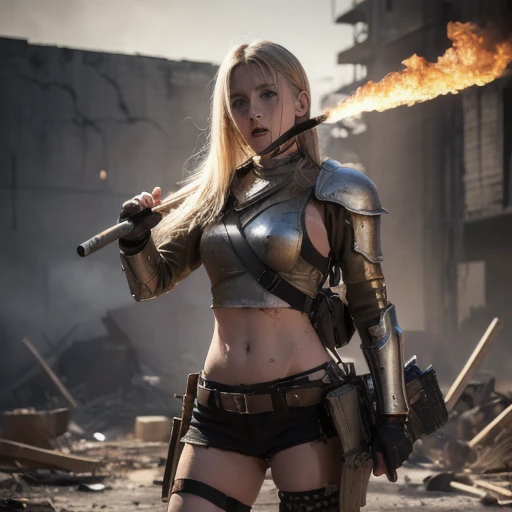 (masterpiece:1.5), (Highest quality), (Very detailed), (Super detailed), (One girl:1.2), (whole body:1.2), (Young girl), (Blonde), (Weapons in hand), (War battle scene), (Bloody atmosphere), (cigarette), (fire), (cadaver), (Chaotic Background), (explosion), (Torn clothing), (A look of determination), (Sweat and dirt), (I was injured), (Dynamic pose), (Broken Armor), (Burnt landscape), (Combat Stance), (Smoldering Wreckage), (inflammation:1.3), (Battle cry), (Sounds of War:1.1)