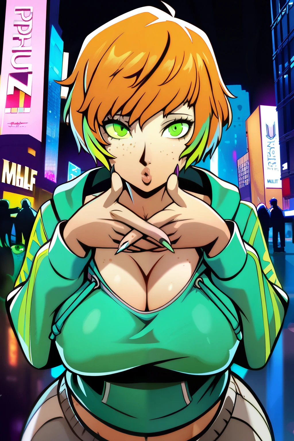 [masterpiece, best quality, expressive eyes, perfect face, perfect eyes, perfect detailed irises, (((female))), (((voluptuous fit MILF body))), ((perky breasts)), ((expansive large butt)), ((perfect cleavage)), (((ginger short hair with glowing green highlights))), ((green detailed eyes)), ((freckles on face and cleavage)), (((perfect hands))), (((5 fingers on each hand))), (((No sweat))), ((Purple and Green Casual Hoodie and Baggy Sweatpants)), ((Forcing Toward)), ((Up Close)), ((Blowing a Kiss Expression)), ((Sharp Nails)), ((New York City Street Background)), ((Persona Art Cut In Style))]