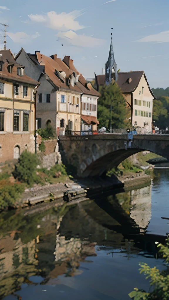 arafed view of a river running through a city with a bridge, nuremberg, germany. wide shot, building along a river, european river, germany, medieval cities, realistic photo of a town, seen from above, white buildings with red roofs, by Werner Gutzeit, view from above, arial shot, all buildings on bridge, by Robert Zünd
