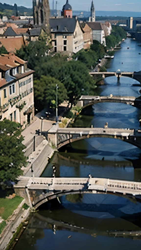 arafed view of a river running through a city with a bridge, nuremberg, germany. wide shot, building along a river, european river, germany, medieval cities, realistic photo of a town, seen from above, white buildings with red roofs, by Werner Gutzeit, view from above, arial shot, all buildings on bridge, by Robert Zünd