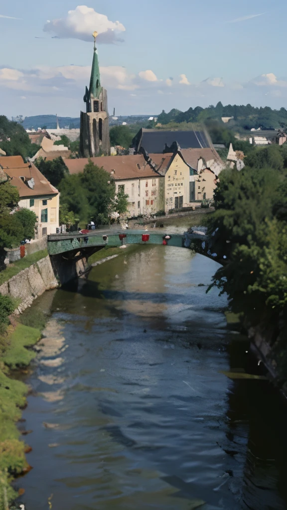 arafed view of a river running through a city with a bridge, nuremberg, germany. wide shot, building along a river, european river, germany, medieval cities, realistic photo of a town, seen from above, white buildings with red roofs, by Werner Gutzeit, view from above, arial shot, all buildings on bridge, by Robert Zünd