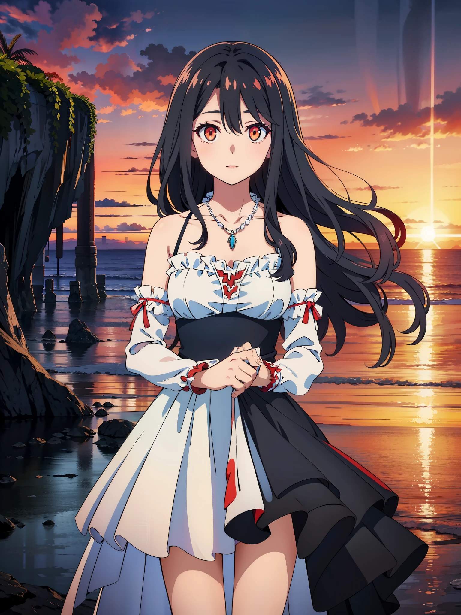 (high-quality, breathtaking),(expressive eyes, perfect face) 1girl, female, solo, teenager, black color hair, red highlight in hair, red eye color, short hair length, fluffy spiky hair, Symmetrical Eyes, portrait, positive expression, sunset, red sky, narrow eyes, fingerless glove, dress, necklace, stylized hairstyle, YunaSongstress, lace, detached sleeves, ocean background, embers, gradient tips of dress, slender frame