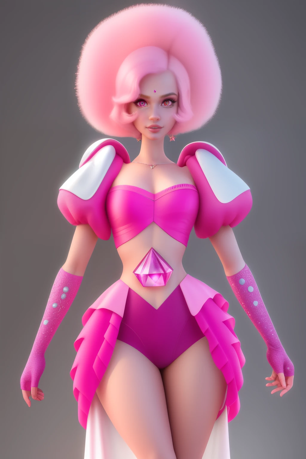 pnkdamond, pink hair, pink eyes,  long hair,  stomach gem,  pink skin,  toned, 
puffy short sleeves, elbow gloves ,  white thighs,   Puffy dress, 
standing, Upper part of the body, 
 outer space,  
(incredibly detailed, beautiful detailed face,Beautiful detailed eyes, Masterpiece, Best Quality) cinematic lighting,  SMILE, 
 