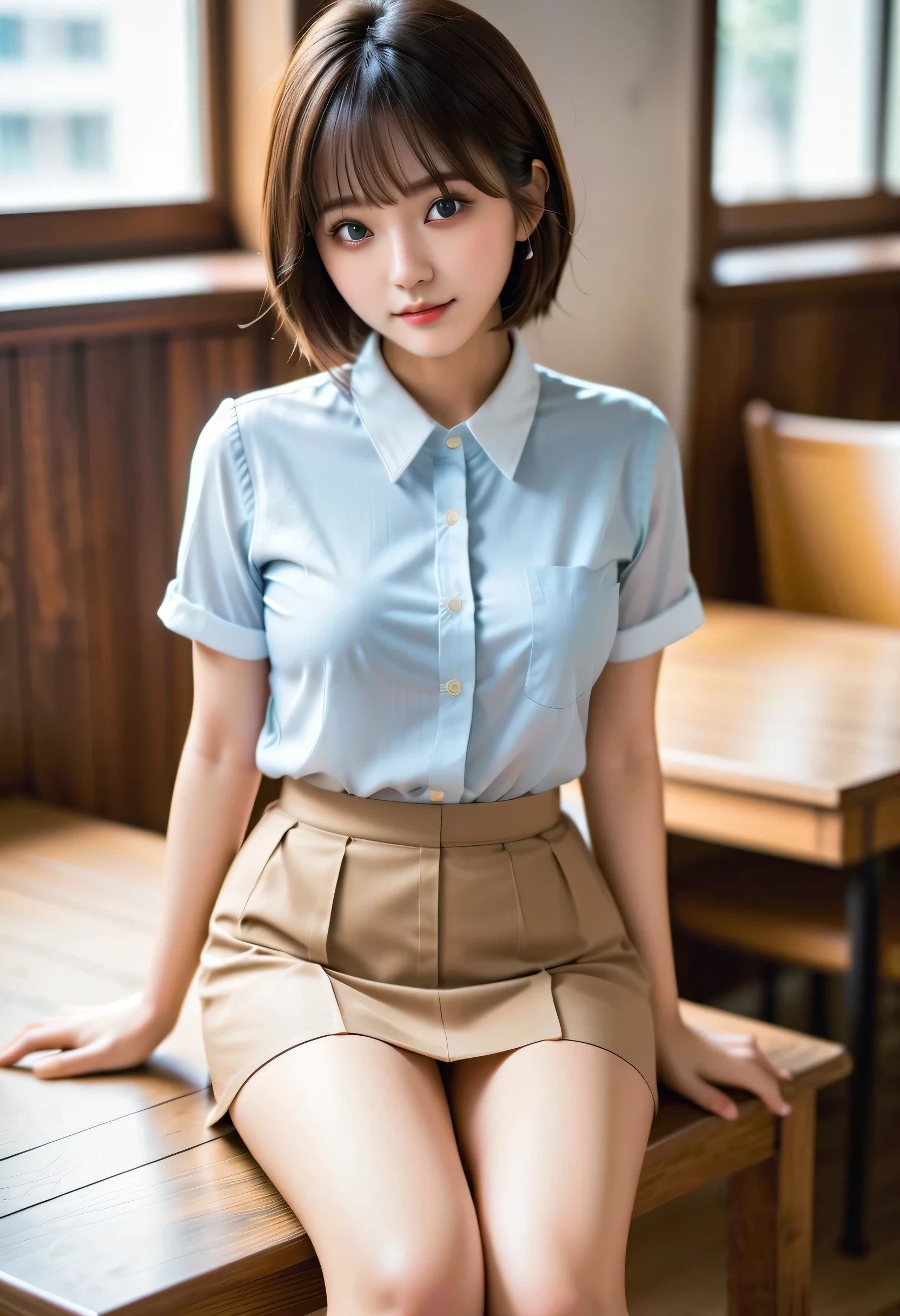 ((masterpiece, best quality , high resolution, perfect pixels, 4K, ))), one girl , single, Alone, beauty、Wear a Nogizaka uniform、 I can see the whole body of a high school student、 (( shirt seen by many men、 Not Wearing Shoes 、 white socks))、( Lifting Skirts 、 spread your legs to the side)、(( light blue bra )、( light blue and yellow lace panties)、(( short wave hair, bangs, tea hair)), (( brown eyes, beautiful eyelashes , Realistic eyes)), (( detailed face , blanking:1.2)), (( smooth texture :0.75, realistic texture :0.65, Photorealistic:1.1,)), medium breasts, Dynamic Angle , perfect body, (( )), unattended classrooms、 sitting at a desk 、Lower' raised an moved voice ....................................、 evening 、、、 very embarrassed panic smile、 low angle