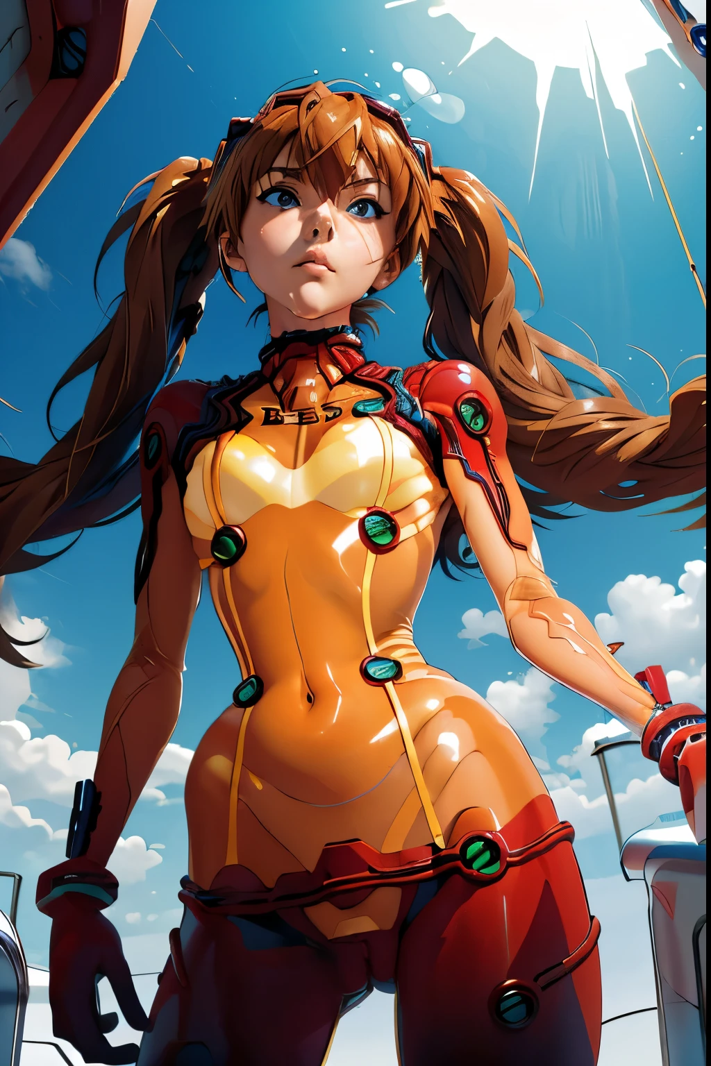 (Masterpiece, best quality ), Cowboy Shots , 1 girl,Angle from head to below crotch ,Extremely cute , Embarrassed Expression,Well-proportioned body, headgear, interface headset with blue eyes, Orange-brown hair,((Too much hair)), Twin Tails, ブレイク・ Bodysuit, Long Sleeve , platinum twist side braid with pearl beads , MIDDLE SIZE BUST , Asuka_Langley_Soryu_ Bodysuit, see-through,(((A very thin and transparent plug suit))),(((The suit is digging into his crotch))),((( highlight crotch ))),(((The background is a futuristic luxury bathroom))),((( composition looking up from below ))),((( low angle))),