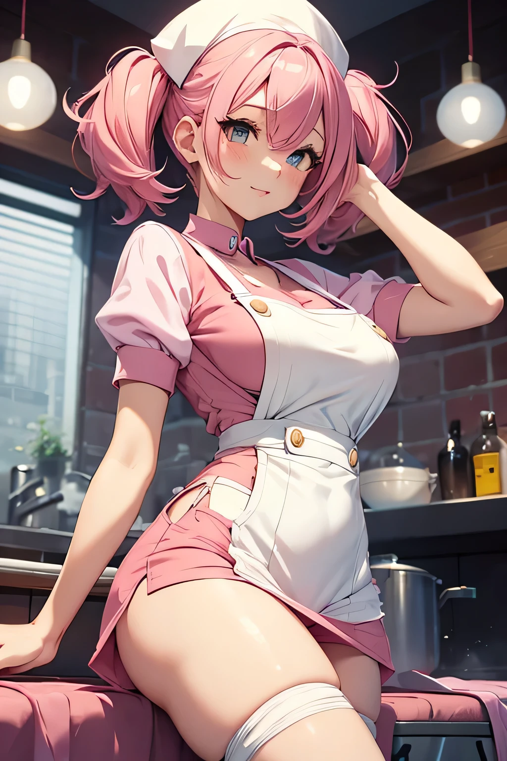 (Masterpiece), high resolution, (extremely detailed), photo realistic, 1 girl, (((bright short pink hair, alluring pink eyes, big eyes, cute eyes, cute face, small face, sharp face, cute, cute, beautiful eyes, short, small, very young, skinny, slim body, thick legs, insanely small waist, small boobs:1.0, happy, smiling, blushing:1.2, sweating))), ((white microskirt, v-neck tight pink shirt, cleavage showing, smooth skin, soft skin, bouncy skin)), (in cafe, at table, looking at viewer, swallowing food, plates full of food, pressed against table, sitting on small wooden chair)