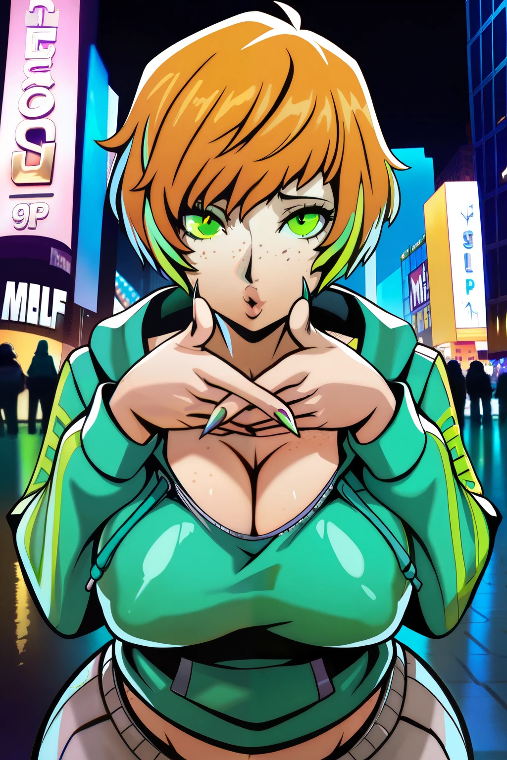 [masterpiece, best quality, expressive eyes, perfect face, perfect eyes, perfect detailed irises, (((female))), (((voluptuous fit MILF body))), ((perky breasts)), ((expansive large butt)), ((perfect cleavage)), (((ginger short hair with glowing green highlights))), ((green detailed eyes)), ((freckles on face and cleavage)), (((perfect hands))), (((5 fingers on each hand))), (((No sweat))), ((Purple and Green Casual Hoodie and Baggy Sweatpants)), ((Forcing Toward)), ((Up Close)), ((Blowing a Kiss Expression)), ((Sharp Nails)), ((New York City Street Background)), ((Persona Art Cut In Style))]