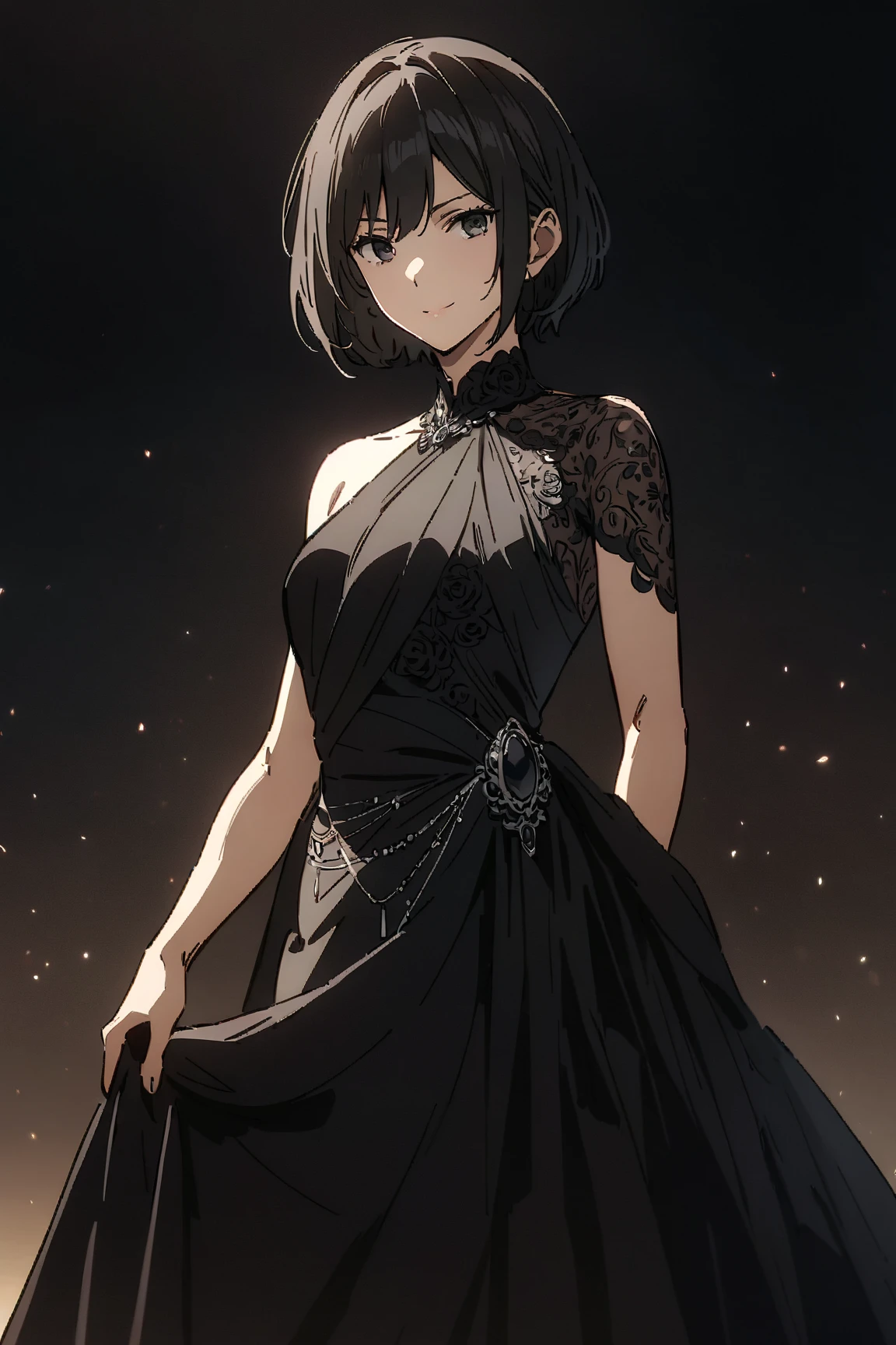 masterpiece, best quality, hmmikasa, short hair, black eyes, Mikasa Ackermam in a sophisticated elegant gorgeous posh black evening gown with intricate design looking at the viewer posing. Charismatic smile and confident expression with gorgeous hairstyle. Full-length picture. Apt cool black background 
Masterpiece, High Resolution, Anatomically Correct, Best Quality, Award Winning, High Details, Super Detailed, UHD, Anime, Anime Style, she is wearing powerful formal dress