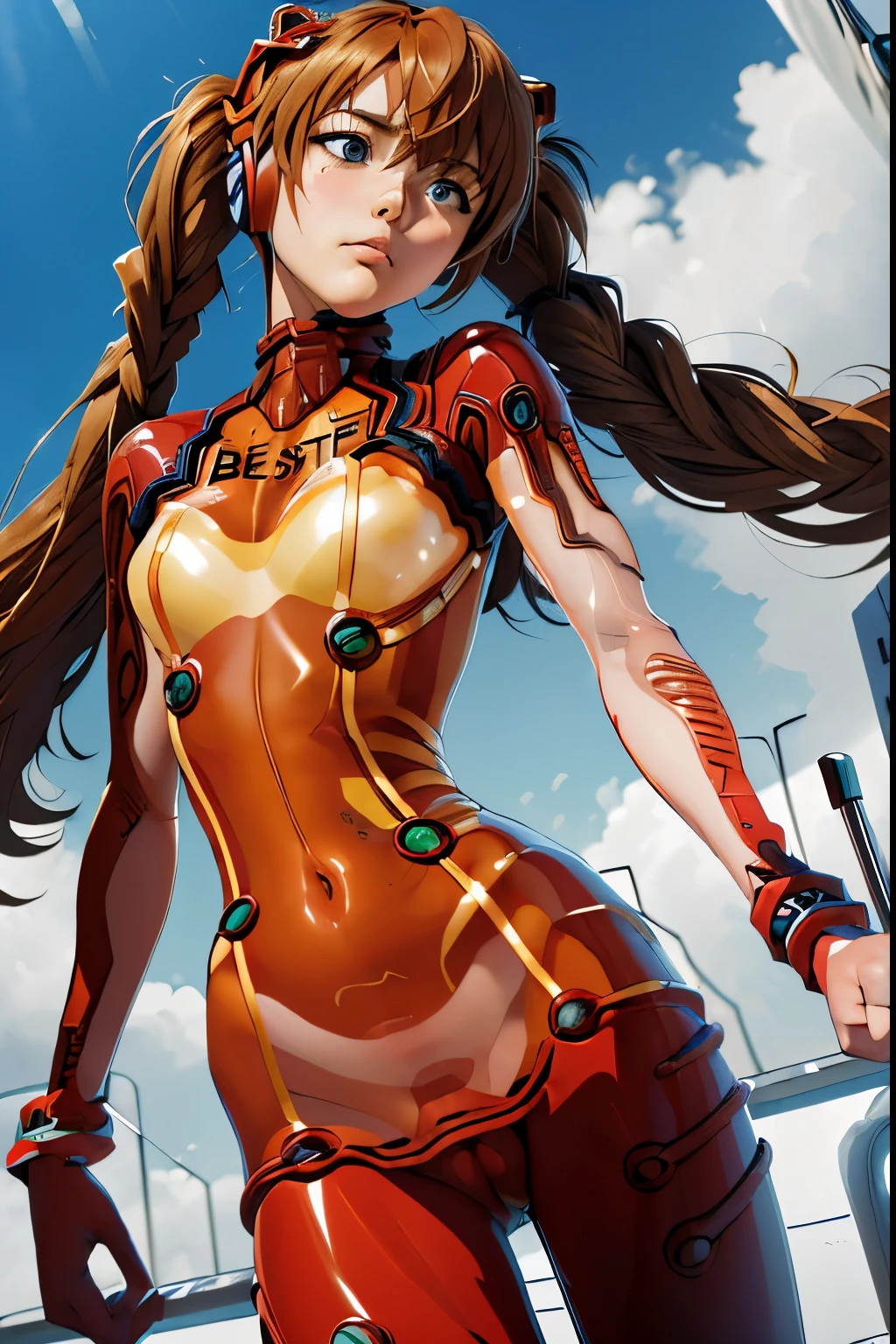 (Masterpiece, best quality ), Cowboy Shots , 1 girl,Angle from head to below crotch ,Extremely cute , Embarrassed Expression,Well-proportioned body, headgear, interface headset with blue eyes, Orange-brown hair,((Too much hair)), Twin Tails, ブレイク・ bodysuit , Long Sleeve , platinum twist side braid with pearl beads , MIDDLE SIZE BUST , Asuka_Langley_Soryu_ bodysuit , see-through,(((A very thin and transparent plug suit))),(((The suit is digging into his crotch))),((( highlight crotch ))),(((The background is a futuristic luxury bathroom))),((( composition looking up from below ))),((( low angle))),