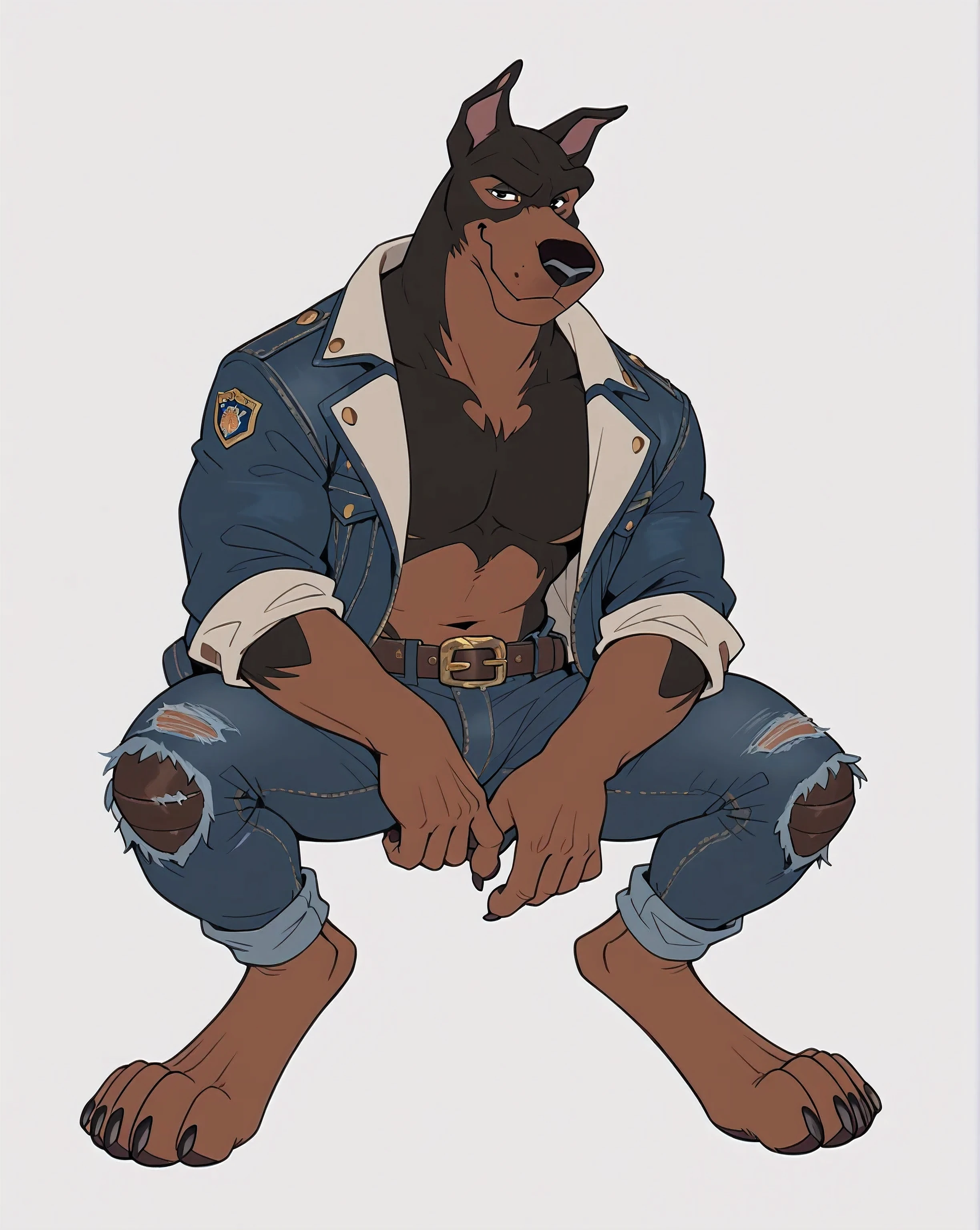 BusterLT, furry, anthro, anthro body, canine, doberman, black eyes, black nose, black body, black fur, brown body, brown fur, two tone body, two tone fur, pink inner ear, full body, heavyweight build, muscular, flat colors, simple background, detailed, posing, looking at viewer, closed mouth, smile, belt, pants, bare feet, muscular neck, open denim jacket, grabbing jacket, sitting