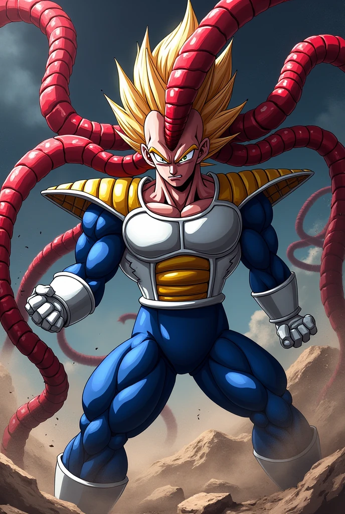 Full body image "(Highest quality, 8k, ultra-detailed, Realistic:1.2), Portraiture, Dragon Ball,majin vegeta, Muscular, Calm, Fearless smile, detailed, Blonde, strict, Intimidating, Powerful, Show off his strength", Brainwashed and possessed by Majin Buu,Controlled by an evil heart,Demon body and wing tattoo on forehead,Black slimy tentacles,Huge penis,Very large muscles