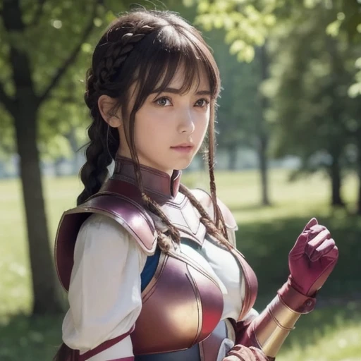 Lapisfe, One girl, alone, View your viewers, blush, bangs, gloves, Upper Body, Braiding, hair band, Outdoor, Lips parted, null, Day, Raise your hand, Pink Eyes, armor, wood, Covered navel, Blurred Background, Place your hand on your chest, shoulder armor, side Braiding, breastplate, red armor