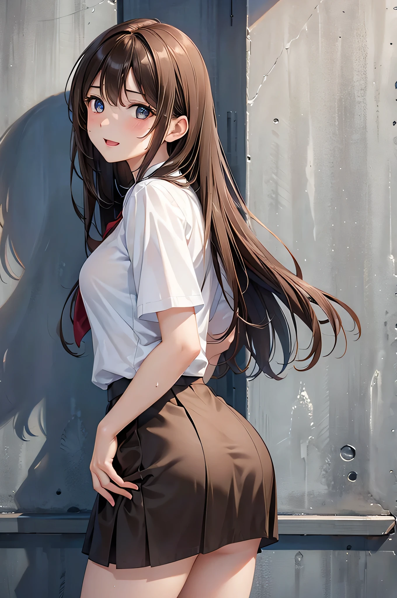 ((masutepiece, Best Quality, hight resolution, nffsw, Perfect Pixel,  4K, nffsw, nffsw))), 1girl in, Single, Solo, Beautie、full body seen、 ((Middle Wave Hair, Bangs, Brown hair)), ((Brown-eyed, Beautiful eyelashes, Realistic eyes)), ((Detailed face, Blushing:1.2)), ((Smooth texture:0.75, Realistic texture:0.65, Photorealistic:1.1, Anime CG style)), medium breasts, Dynamic Angle, Perfect body,  ((red bowtie, School uniform, , White shirt, Black skirt, plaid skirts)), City staircase、Looking up from the bottom of the stairs、Very embarrassing panic smile、Open your mouth and make a surprised face、 turned around、bending forward、(The wind flipped my skirt and exposed my butt..........................、stick out your butt、Touching the buttocks with both hands、Pink lace panties)、