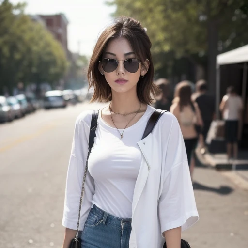 (8K、Raw photography、top-quality、masuter piece:1.2)、ultra-detailliert、ultra res、(realisitic、rialistic photo:1.37)、portlate、high-definition RAW color photography、Professional Photography、highly detailed and beautiful、ighly detailed、8K Picture Wallpaper、amazing detailed、huge filesize、Official art、Highly detailed CG Unity 8K wallpapers、highly detailed beautiful girl、extra detailed face、extremely detailed eye、highlydetailed skin、extremely detailed fingers、highly detailed nose、very detailed detailed mouth、Perfect Anatomy、highly detailed back ground、Highly detailed clothing、女の子 1 人、(18:1.2)、Teen、Cute little girl s、famous Japan idol、cute little、Realistic body、小柄、de pele branca、glistning skin、Slim body、Handsome body、brown haired、short constricted curly hair、(Blunt bangs:1.2)、A smile、kawaii、zora々Right、kawaii faces、Lifelike face、Delicat eyes、Sauce order、White T-shirt、skirt by the、耳Nipple Ring、Looking at the camera、cowboy  shot、front facing、Standing、Contrapo, high street, public, 动态照明,short-hair、bobhair
