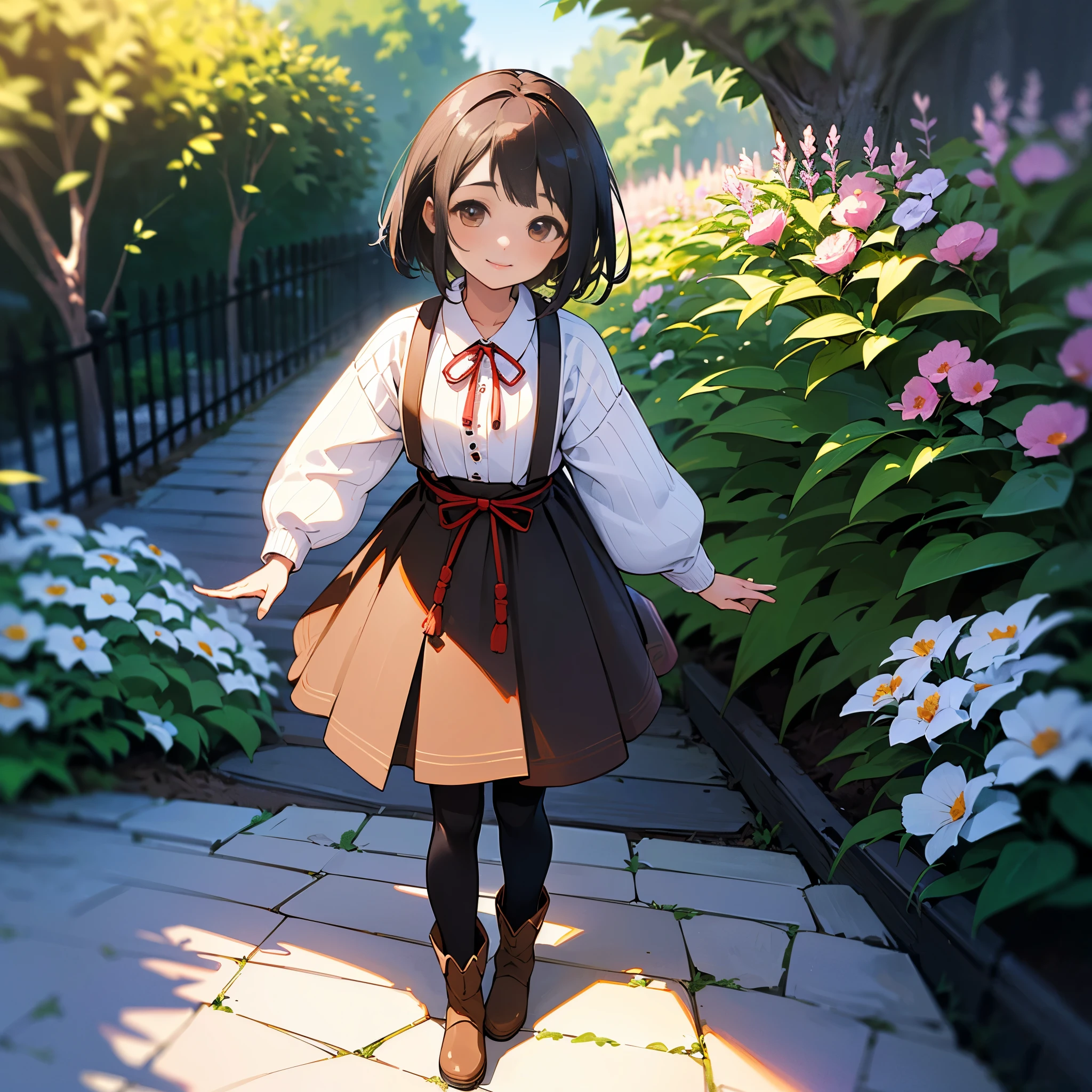 ( High Quality , high resolution, Very detailed, reality:1.37), Peaceful atmosphere, (Outdoors, garden), teenage girl standing alone, Beautiful details, cute smile inside the Kyoden, Black Bob), ribbon,Ribbed sweater, blue skirt, black tights, brown boots.
