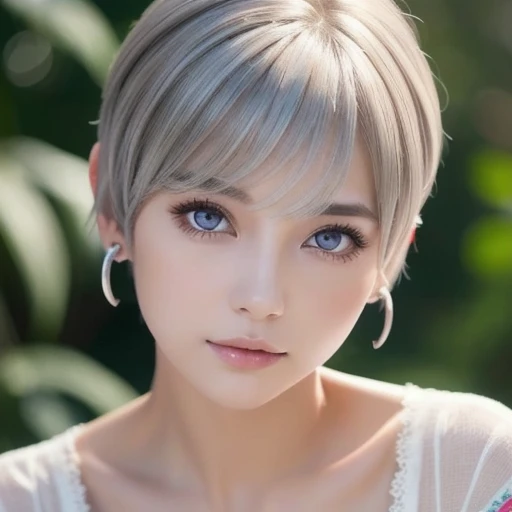 ( best quality , Masterpiece),  1 girl,  beautiful girl with beautiful nipples,  brown_eye, ((hair color [Silver hair], [ pixie cut with a bang] hair)),  earrings, lips, Short sleeve, realistic,  thin waist, Charming,   colorful makeup  ,  long lashes,  white skin, ( cute), (Detailed face), 詳細ed eye, Detailed iris, 