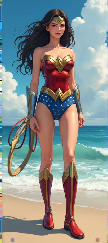 Wonder Woman，short wet transparent camisole，dark hair and blue eyes, white，accurate perfect hands, Art，ad，colour pencil drawing，draft drawing ，comic collage，illustration