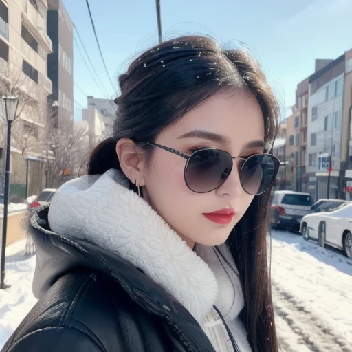 same,,  1 girl, animal, animal on shoulder, bird,  black rimmed glasses,  dark eyes,  black hair, blue null, Cityscape, clear null,  comments, day,  earrings, Putting on glasses, I took off my glasses, fur  comments,  jacket,   jewelry,  long hair,  side view, Outdoors, Power Lines,  red lips, null, smile, snow, Alone,  sunglasses , white bird, white  comments, winter, winter clothes, , ((Masterpiece))