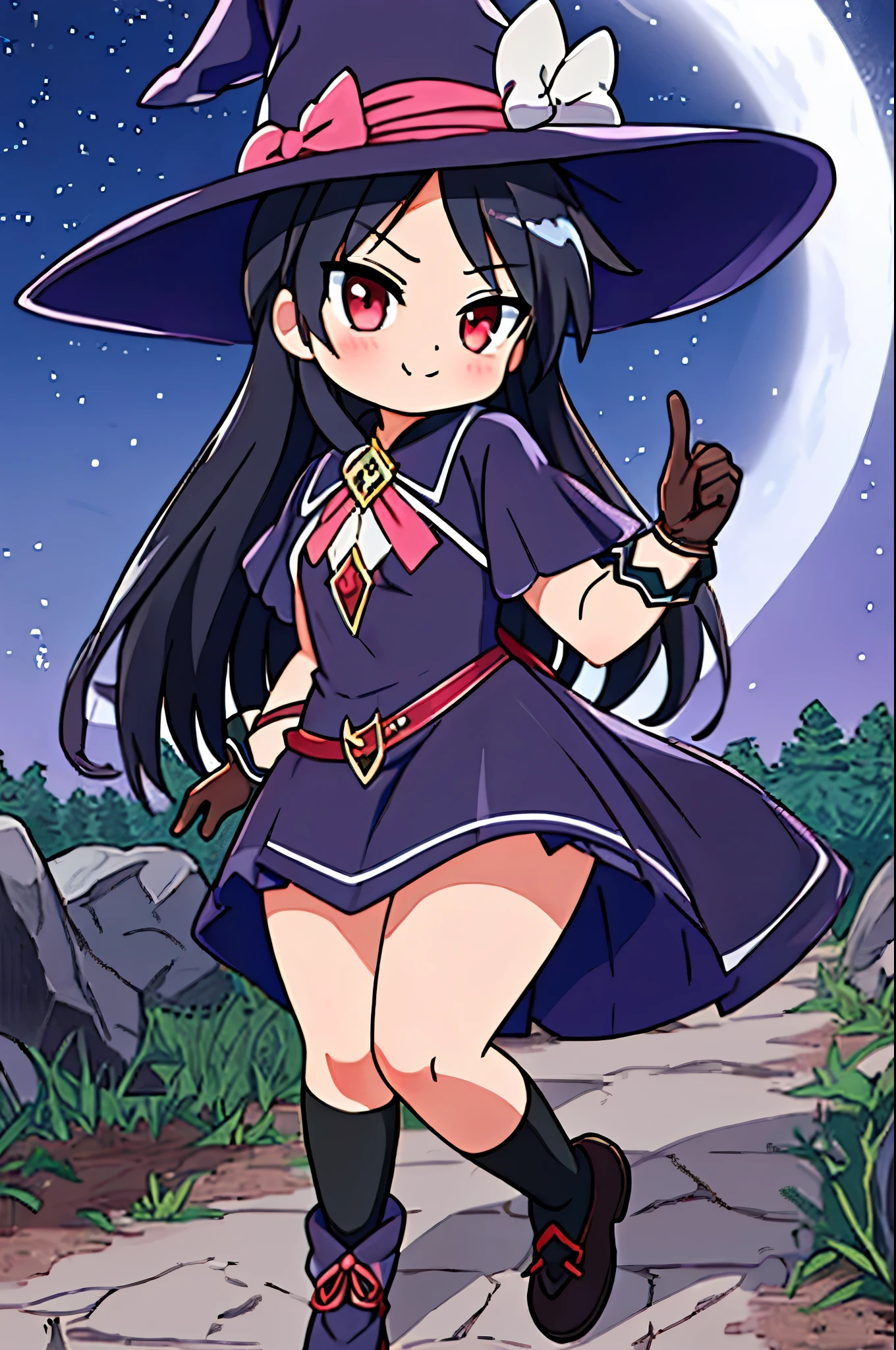(masterpiece, best quality), intricate details,
1girl, long black straight hair, dress, purple dress, hat, witch hat, pink details on dress, wizard gloves, wizard shoes, night field, shrugging, smug, thicc thighs, sexy, red eyes, black hair, black hair straight, red eyes