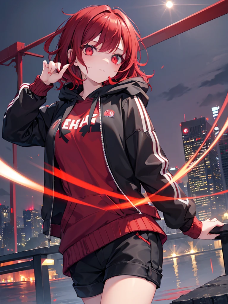 　Red Hair　Yellow Eyes　Bob　Outside Bob　Confused eyes　Bob　Red Hair　Thick, vibrant red hair　Bob　Female　female　cyberpunk costume　Yellow costume　黄色いcyberpunk costume　Dynamic pose　battle　electricity　Bob Hair Electricity Control　Outside bouncing Bob