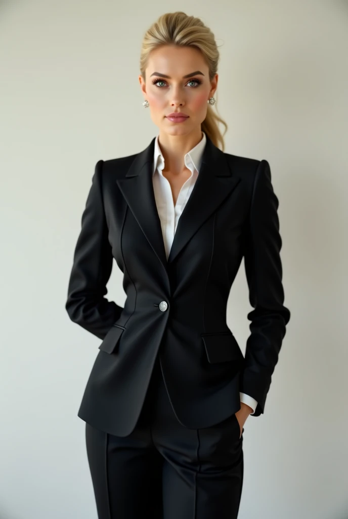 formal photo, business outfit, black blazzer, suit, platinum blonde business woman