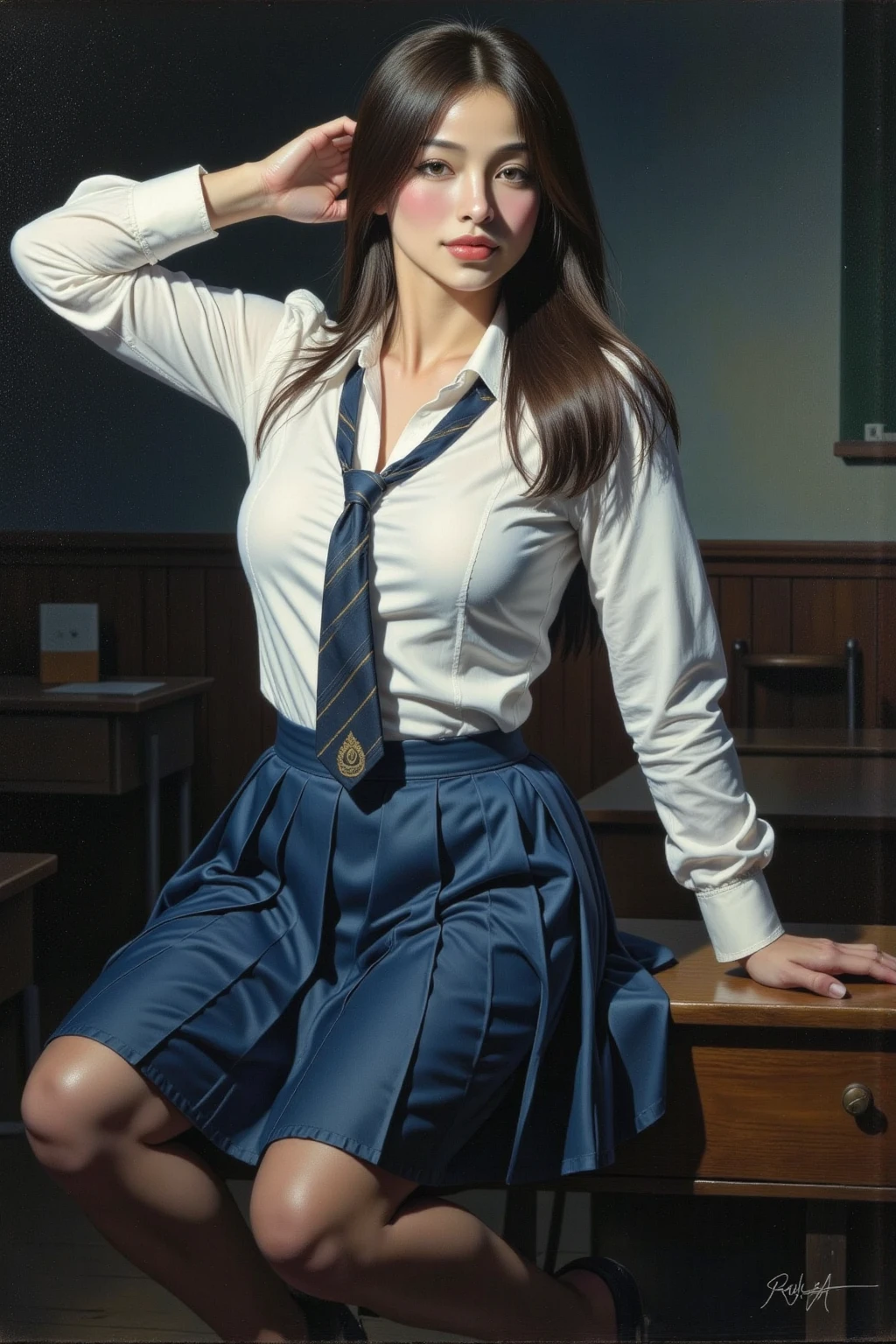 A woman, seductive smile, white blouse, blue pleated skirt, school tie, hands behind head, sitting on desk, dynamic angle, epic scale, painting style, Frank Frazetta style, dark, drkfnts style